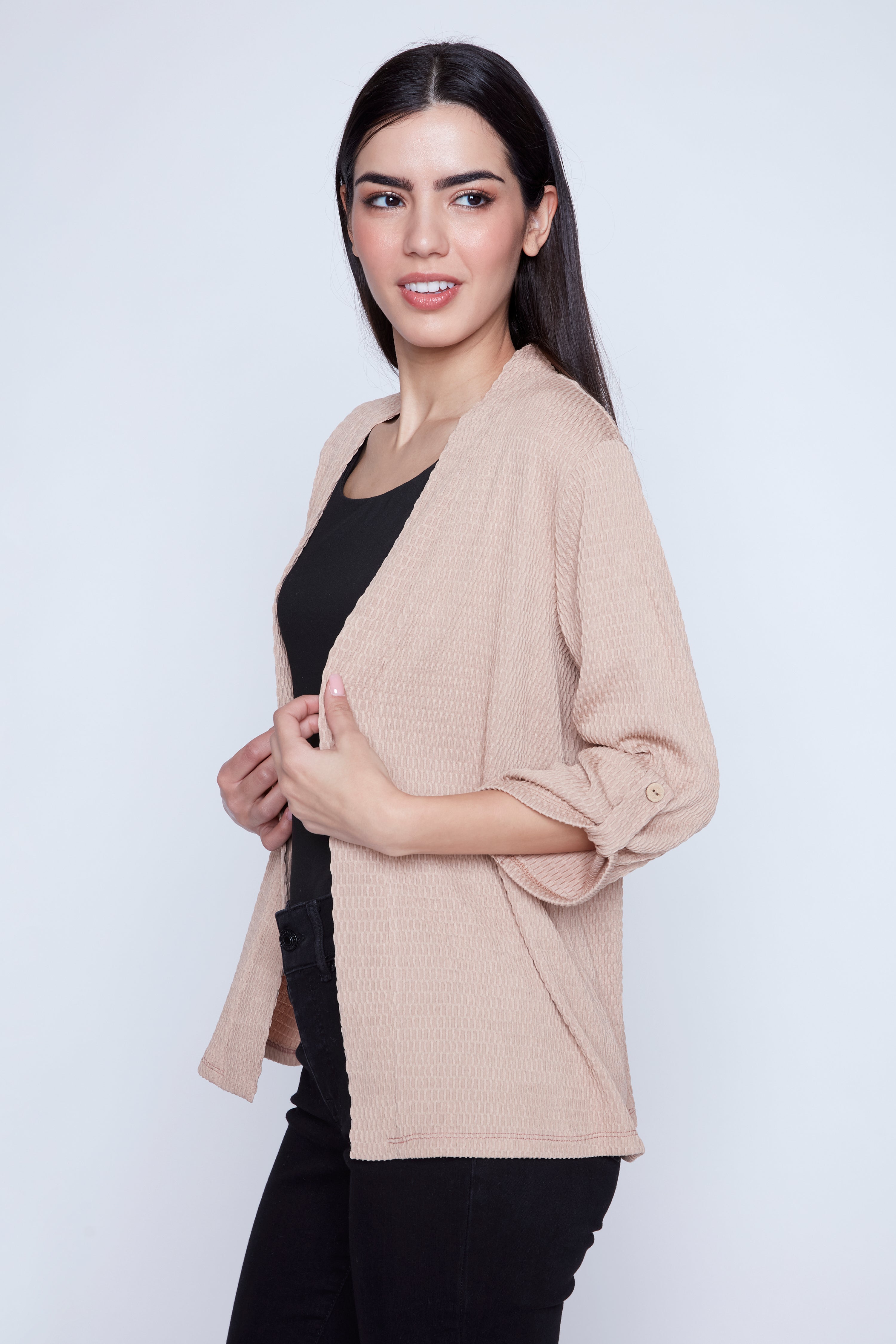Textured cardigan with tab detail