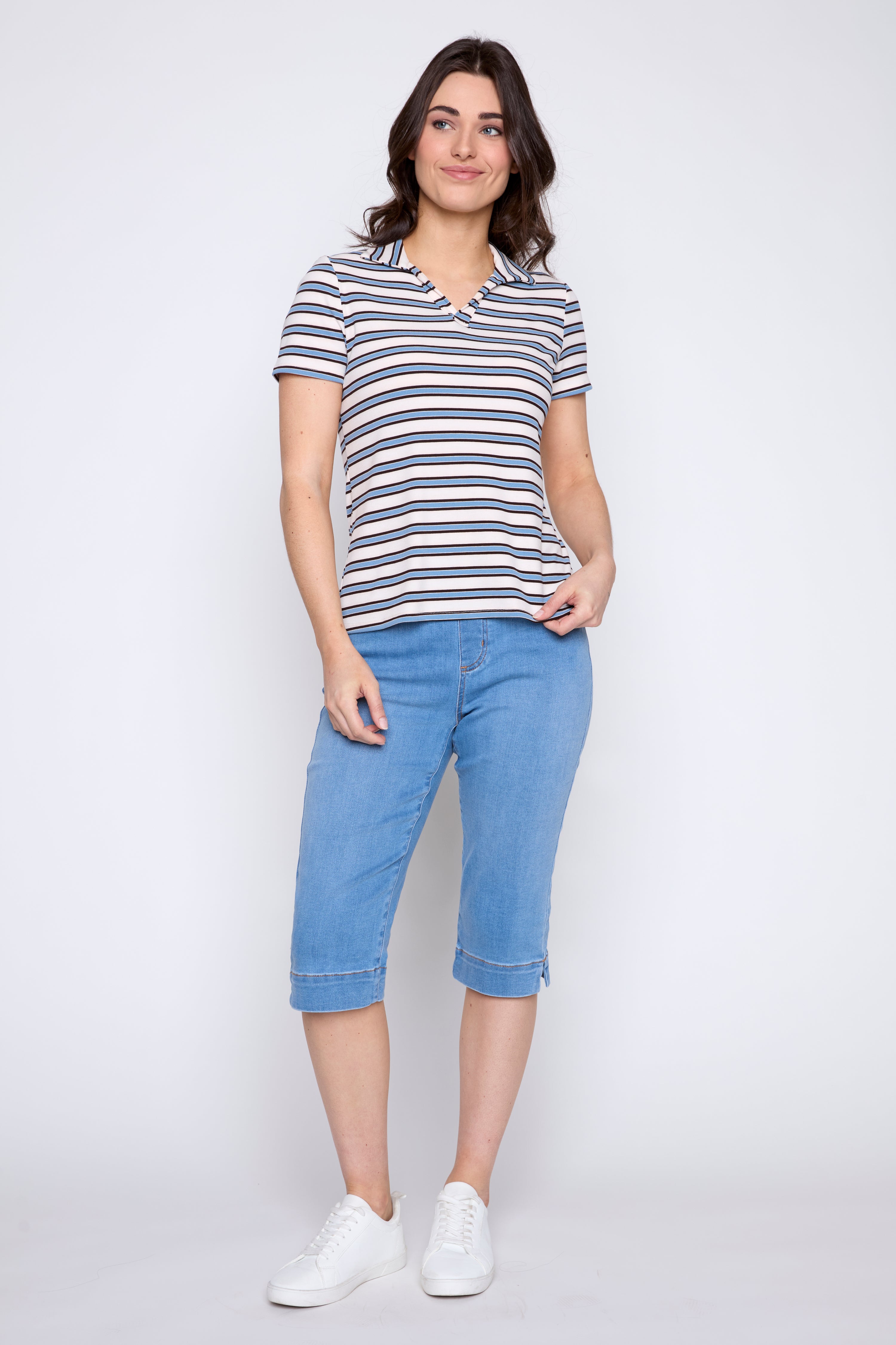 Blue stripe rib polo top