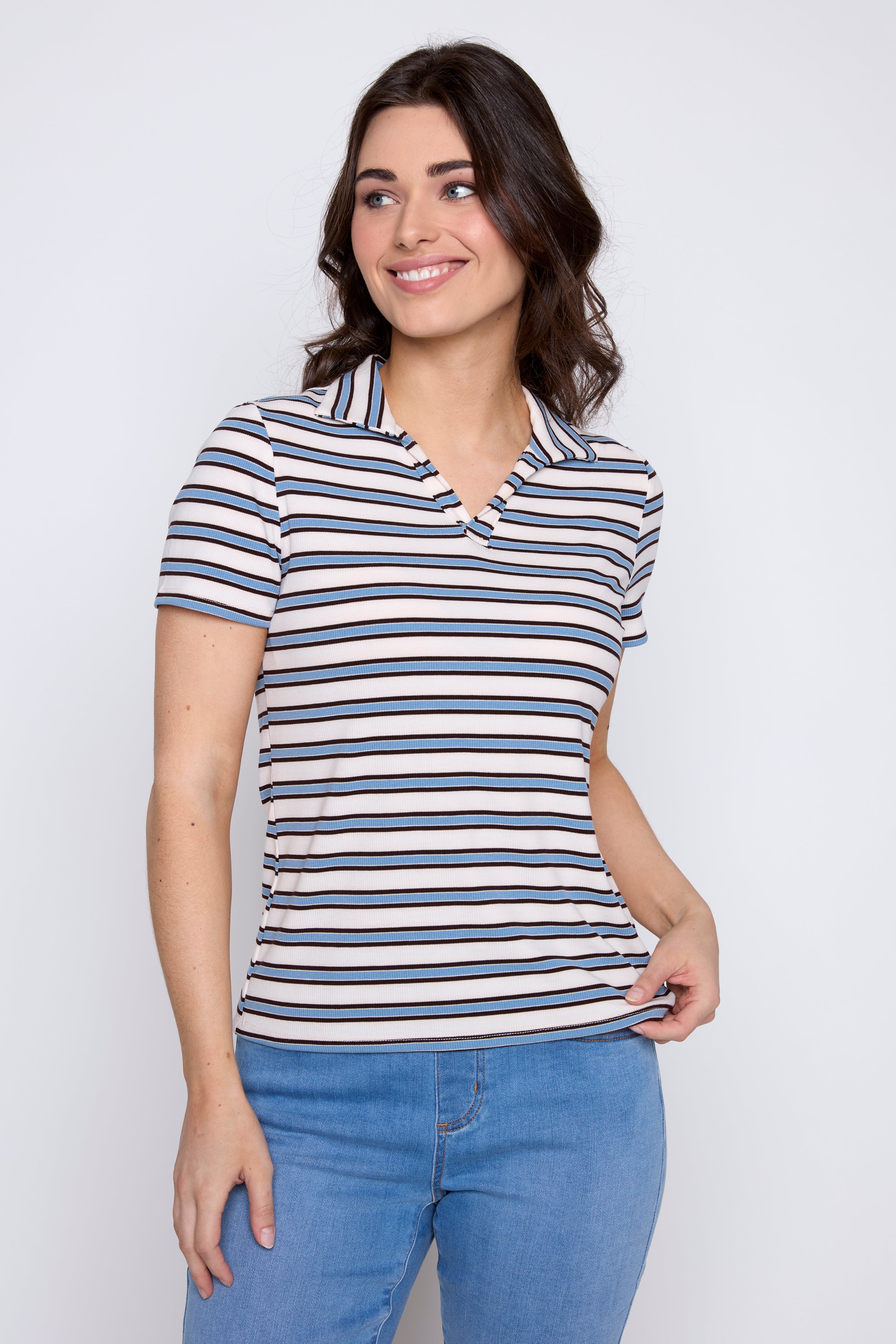 Blue stripe rib polo top