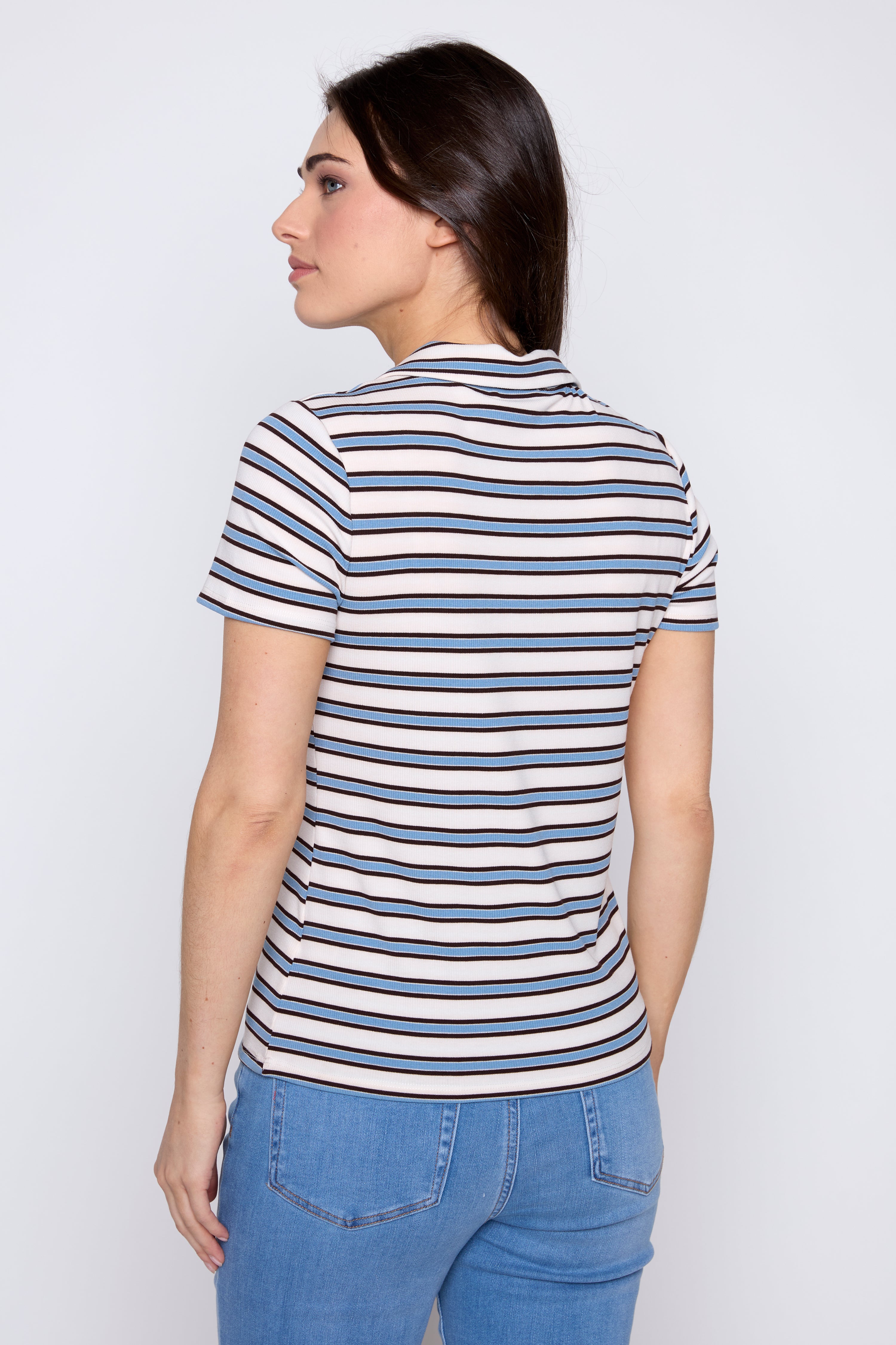 Blue stripe rib polo top