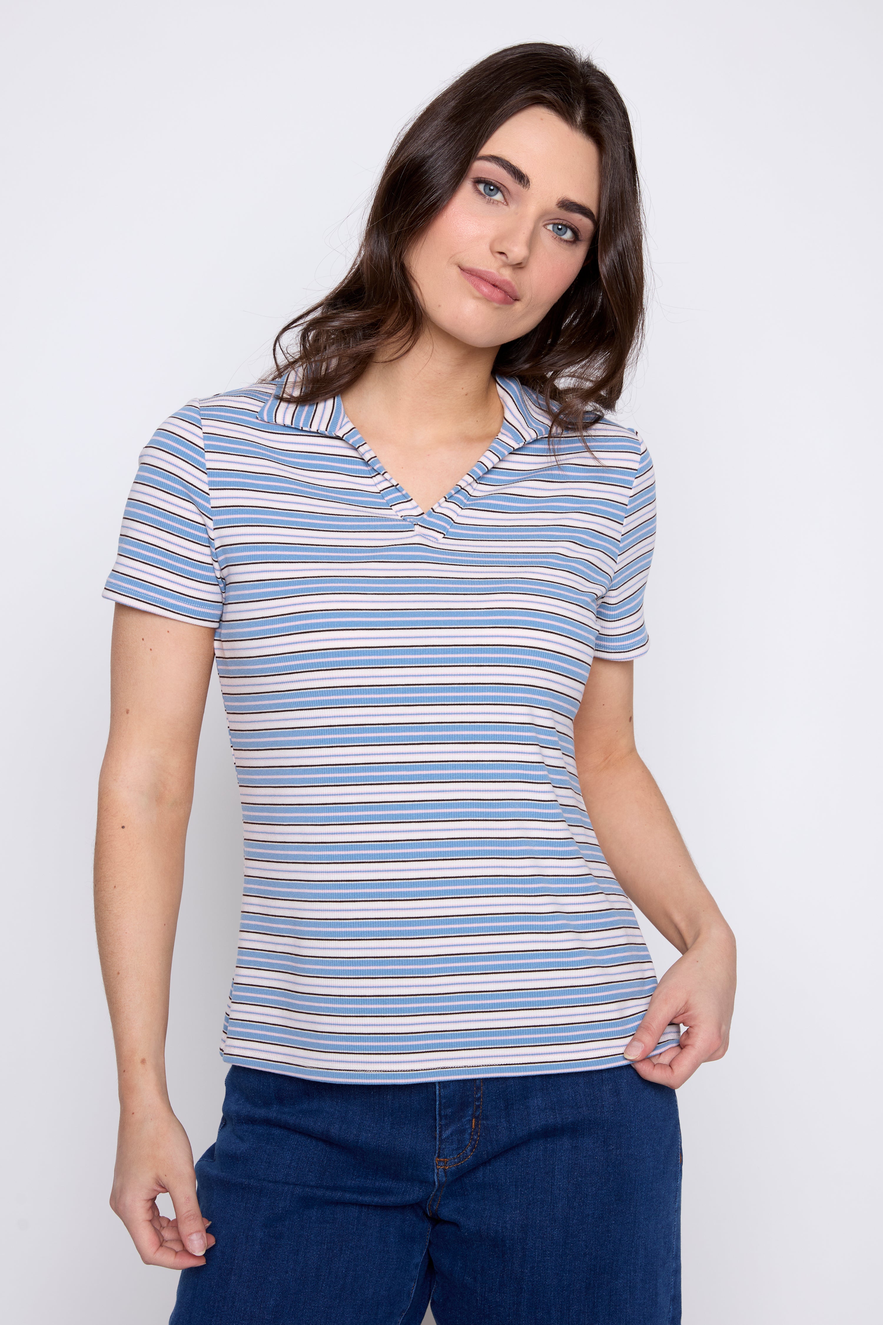Pink stripe rib polo top