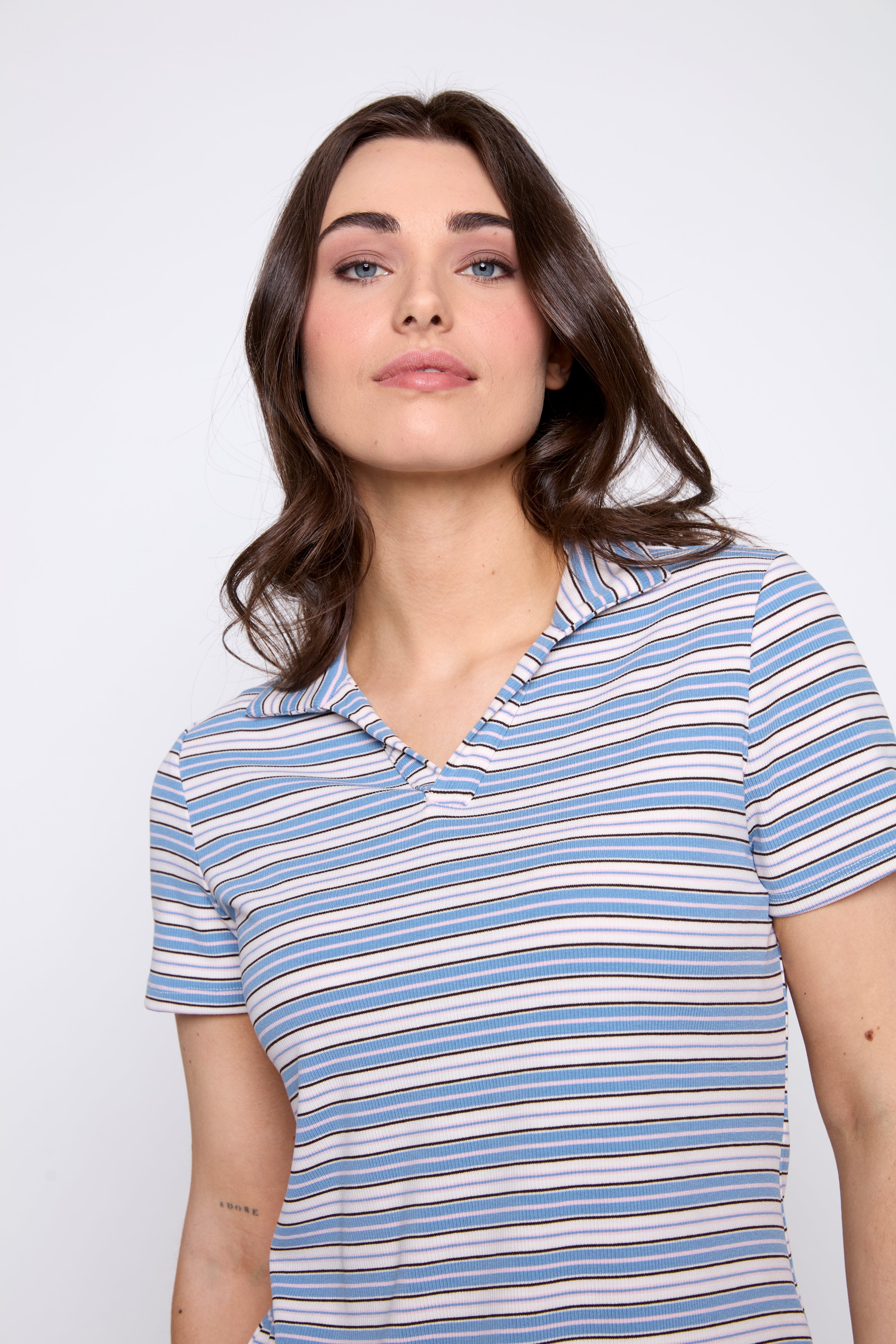 Pink stripe rib polo top
