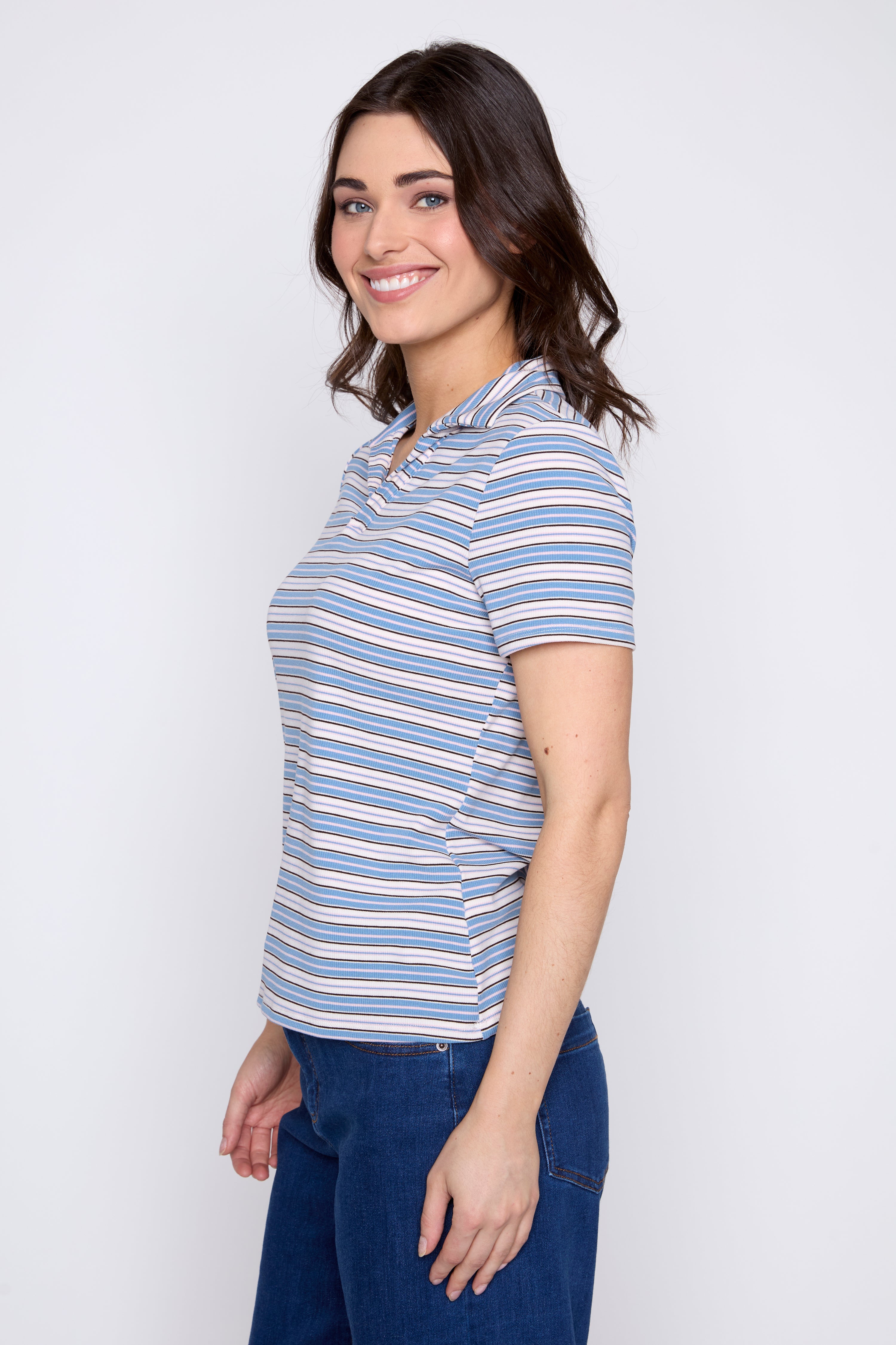 Pink stripe rib polo top