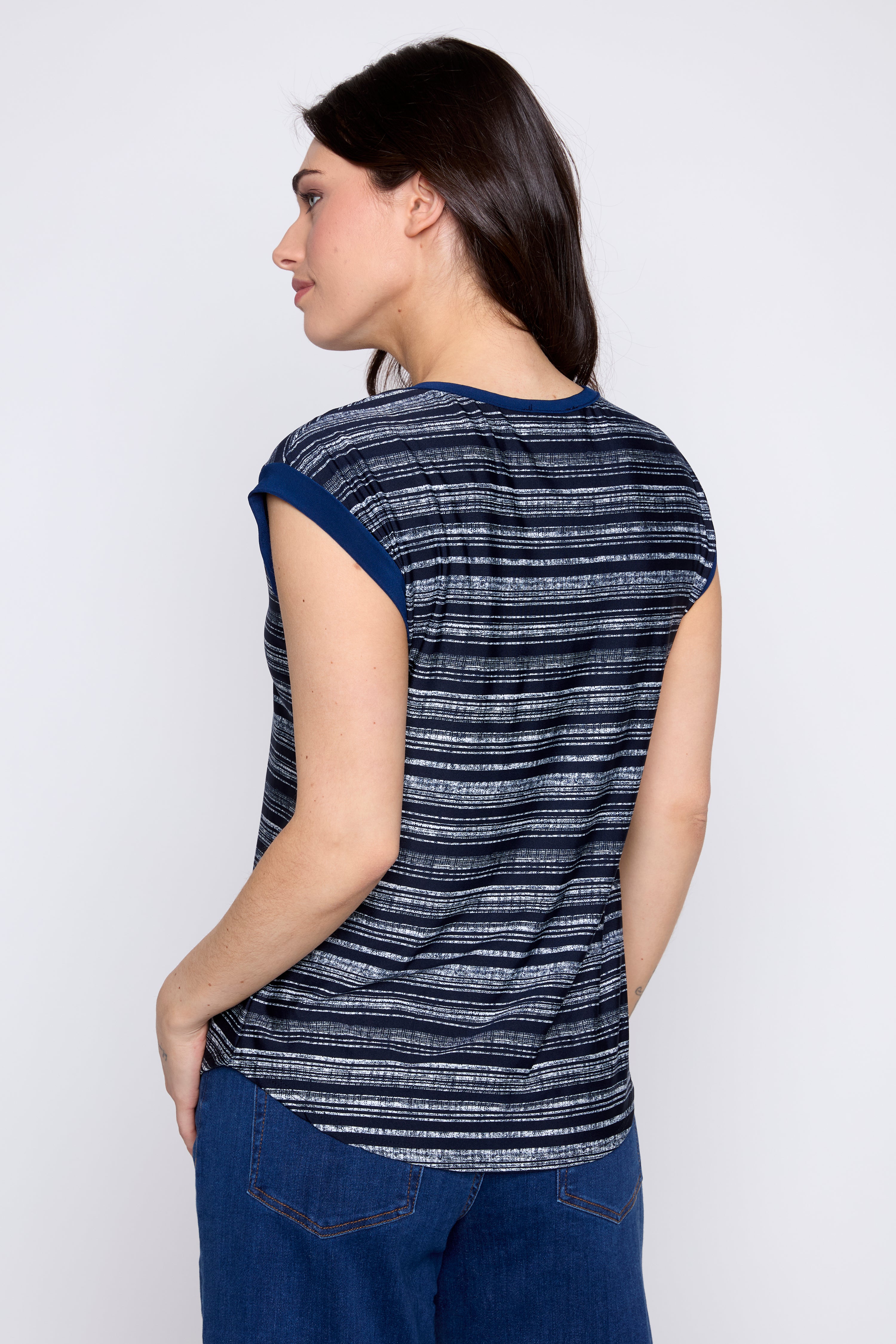 Navy and white V-neck stripe top