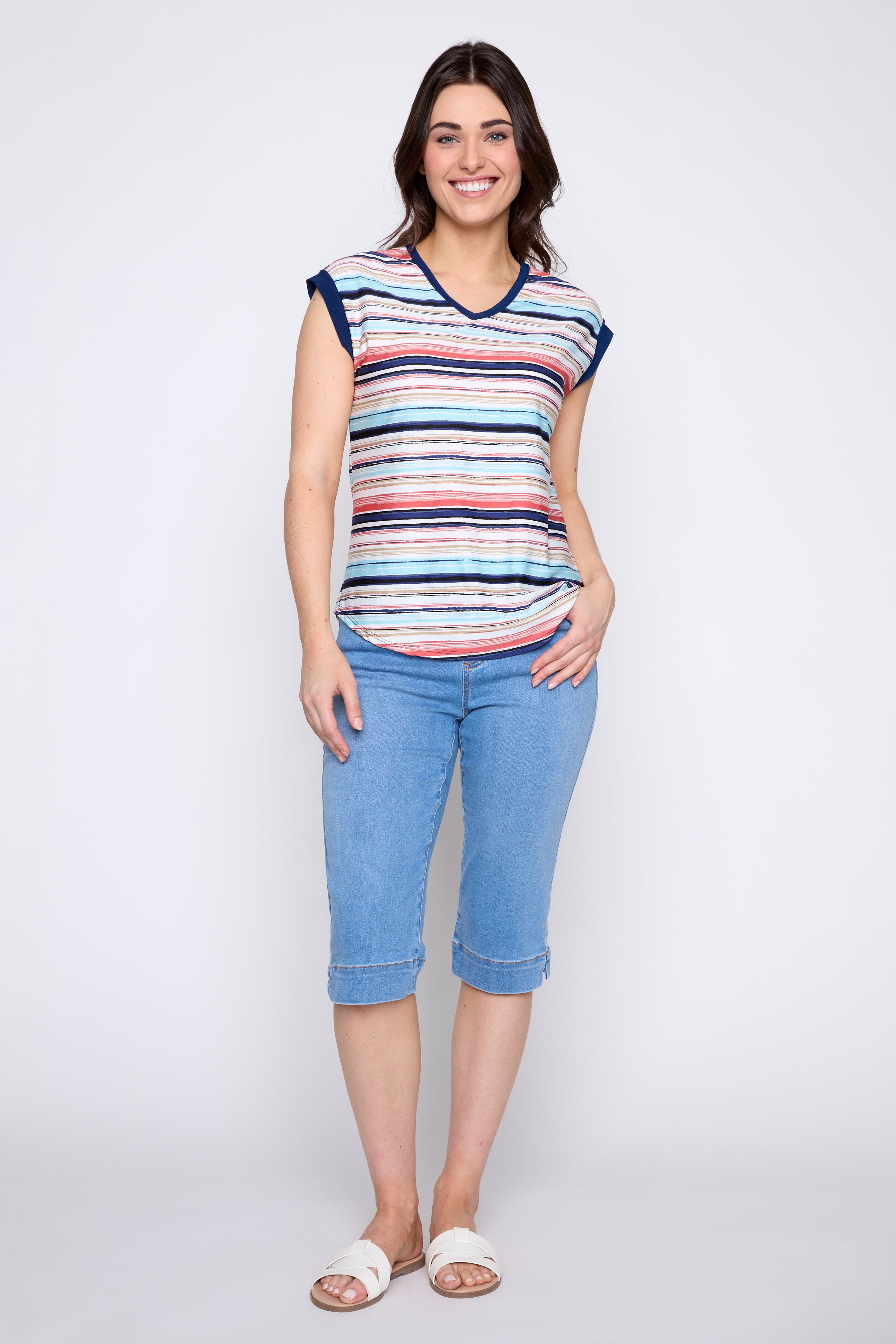 Coral V-neck stripe top