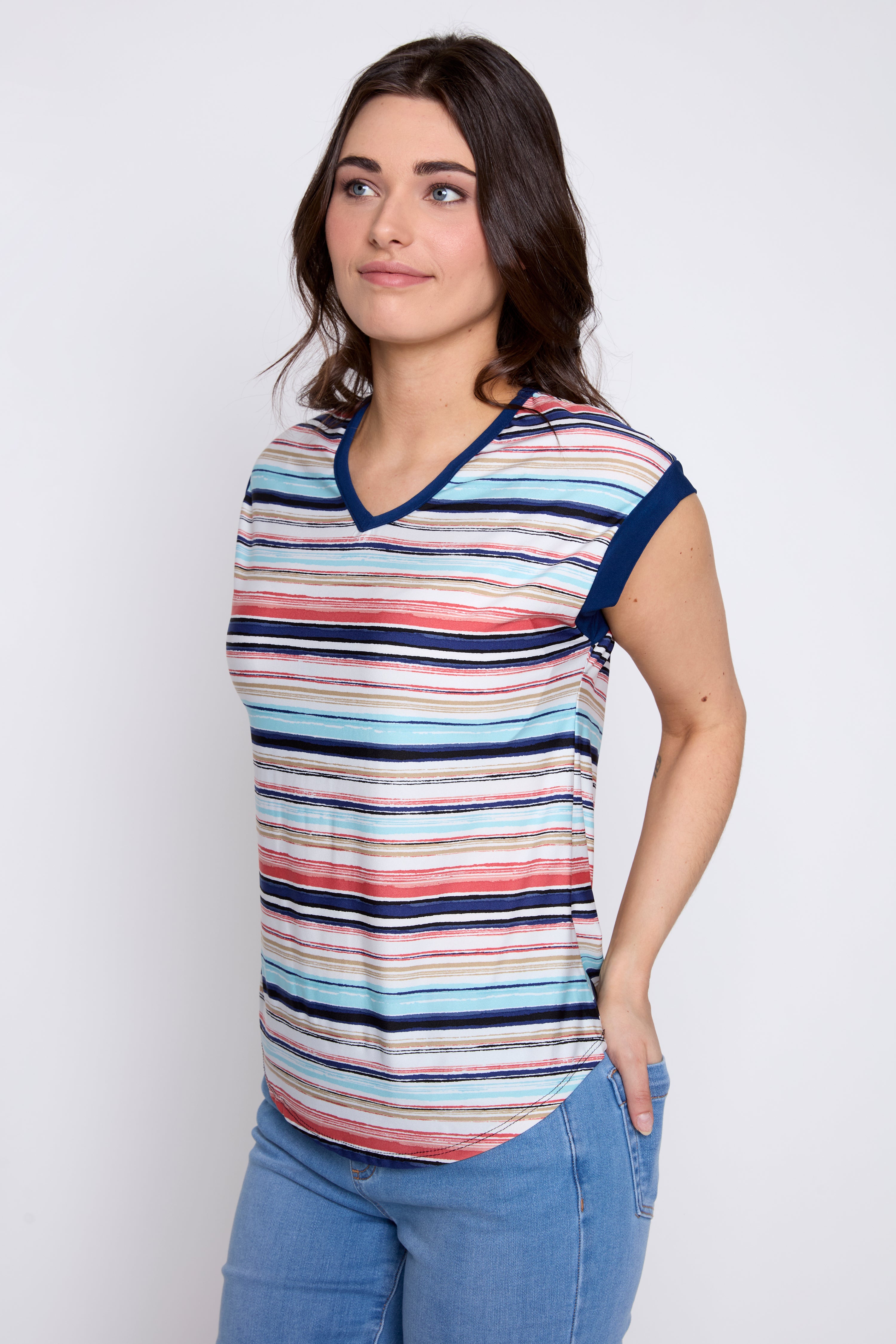 Coral V-neck stripe top