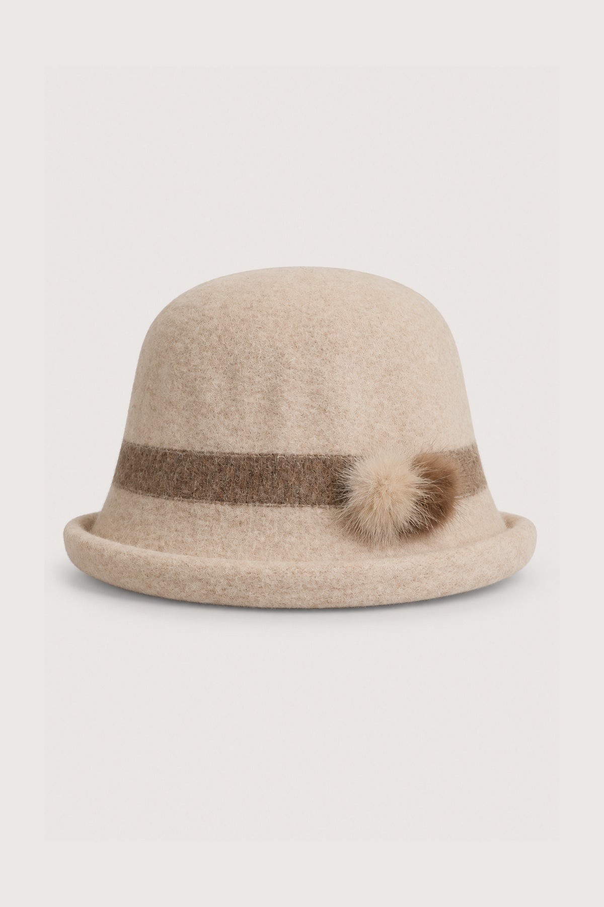 Contrast-Band Cloche Hat with Faux Fur Pom