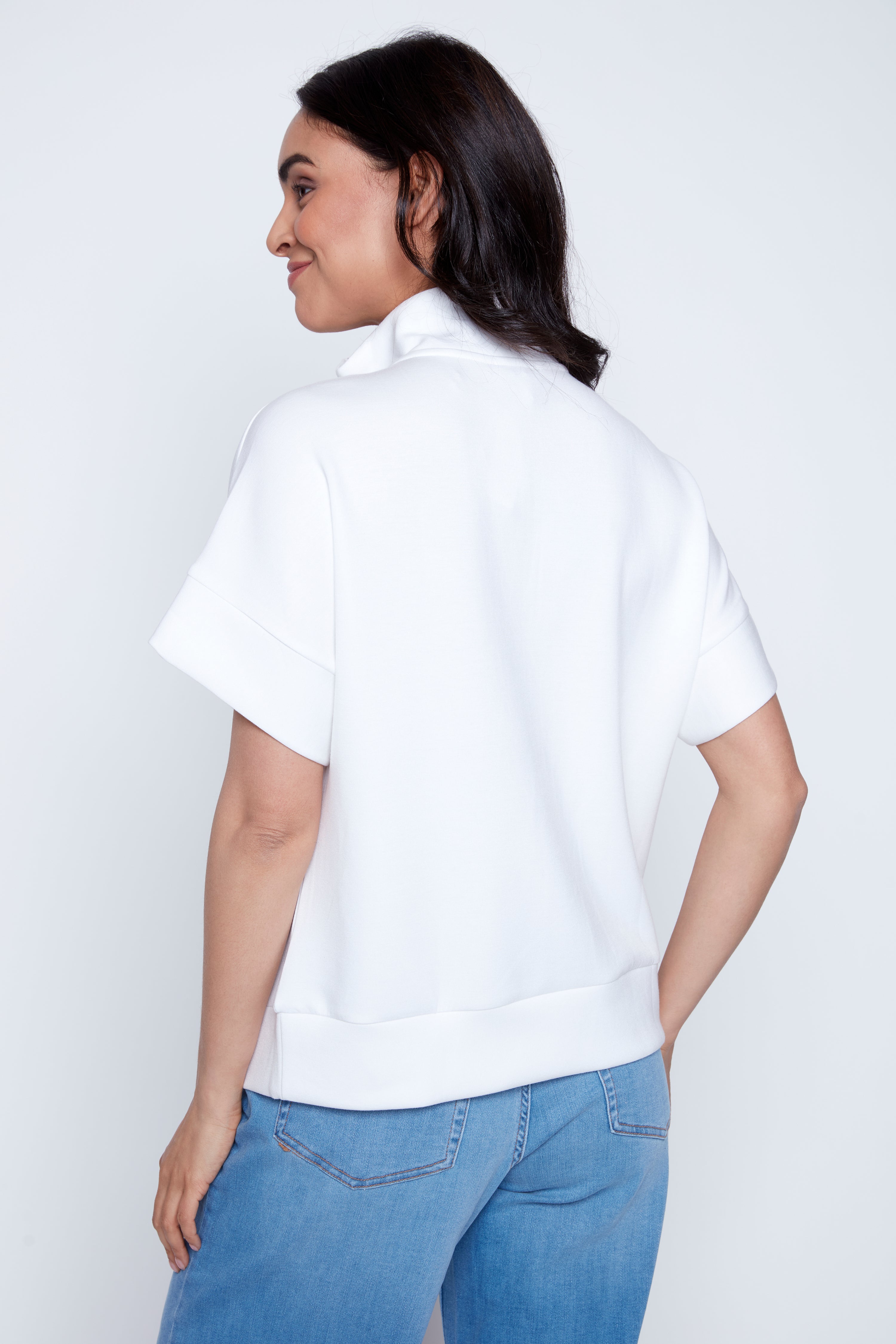 Mock neck zip front top