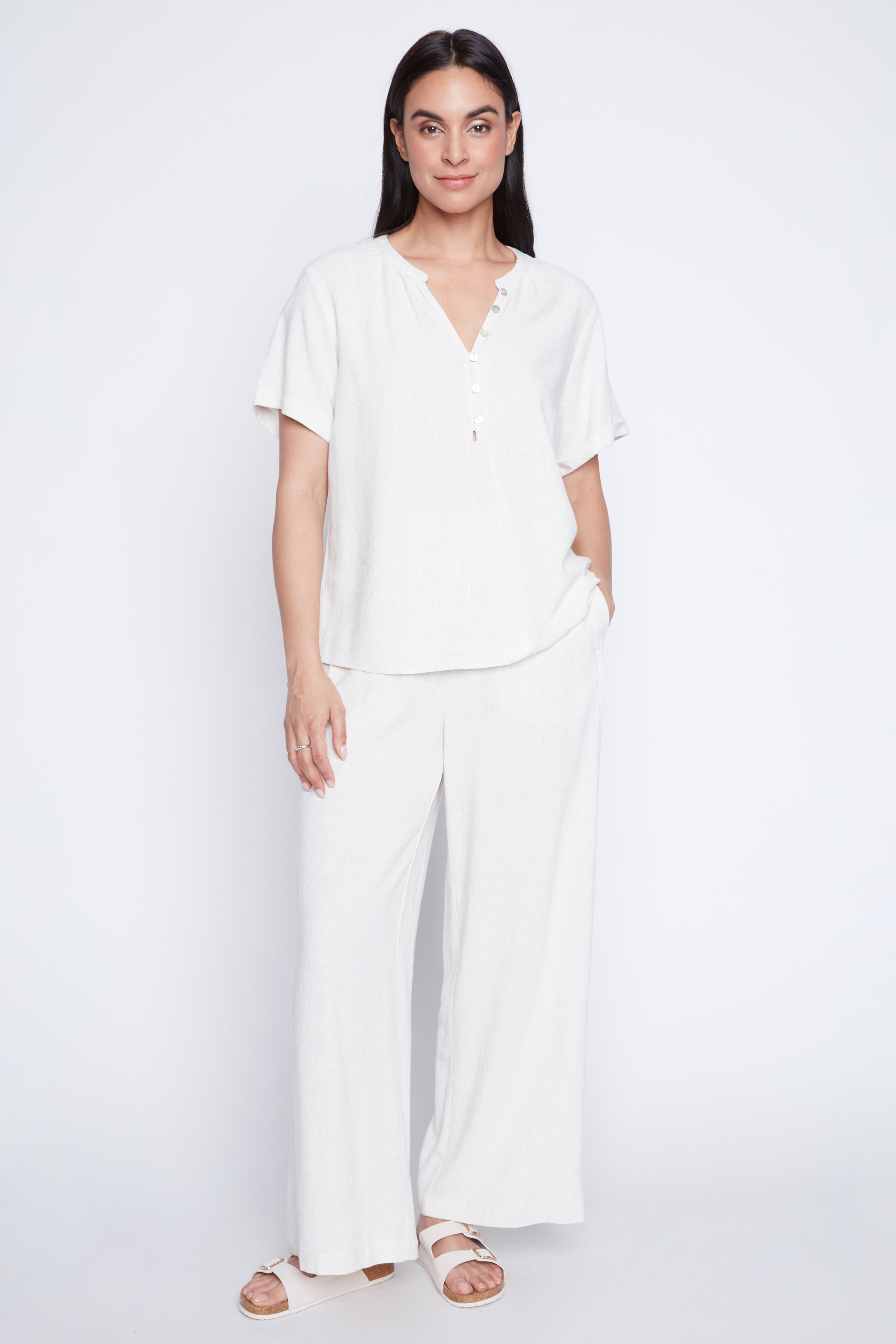 Linen blend soft pleated neck top