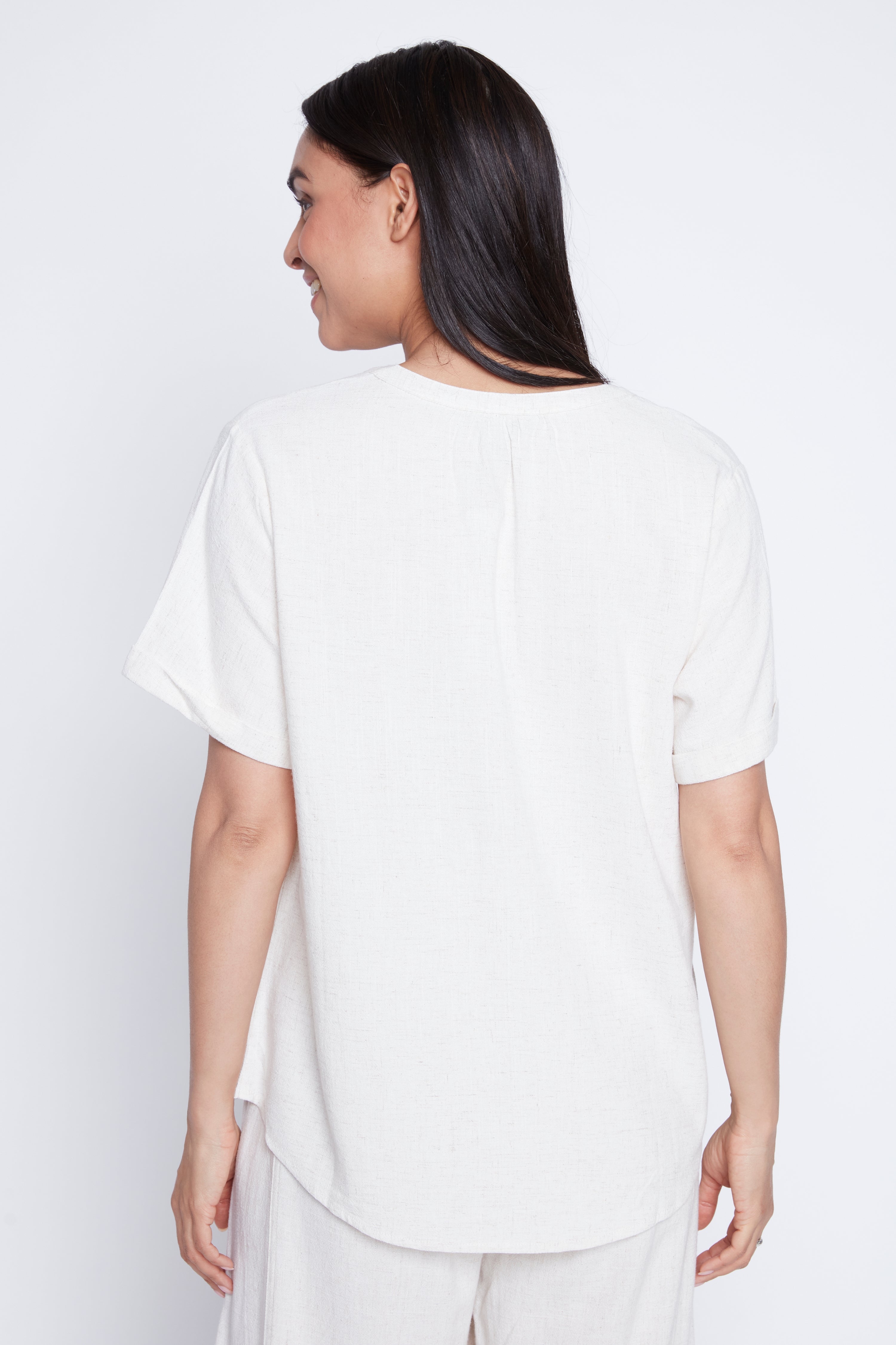 Linen blend soft pleated neck top