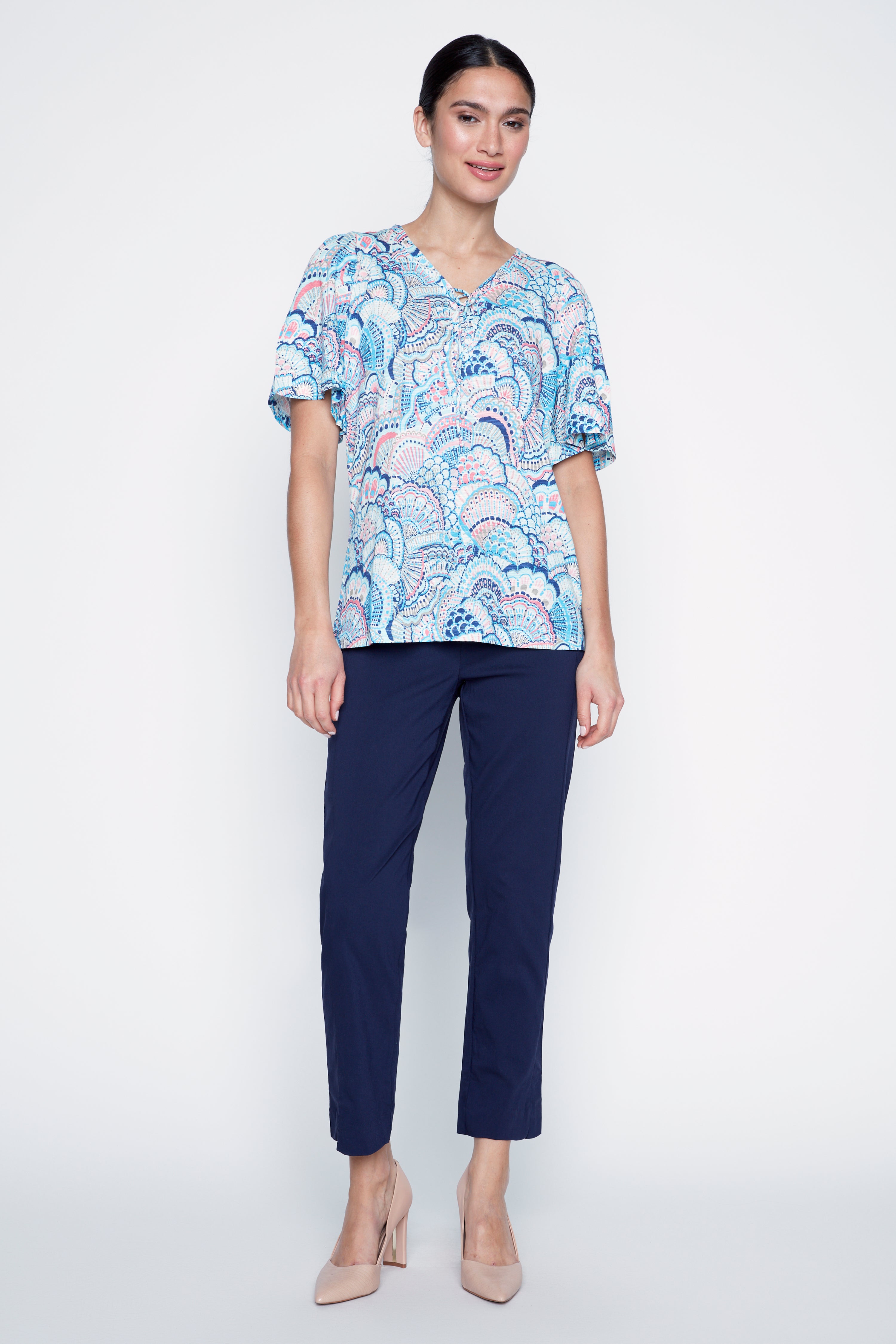 Bell sleeve shell print top
