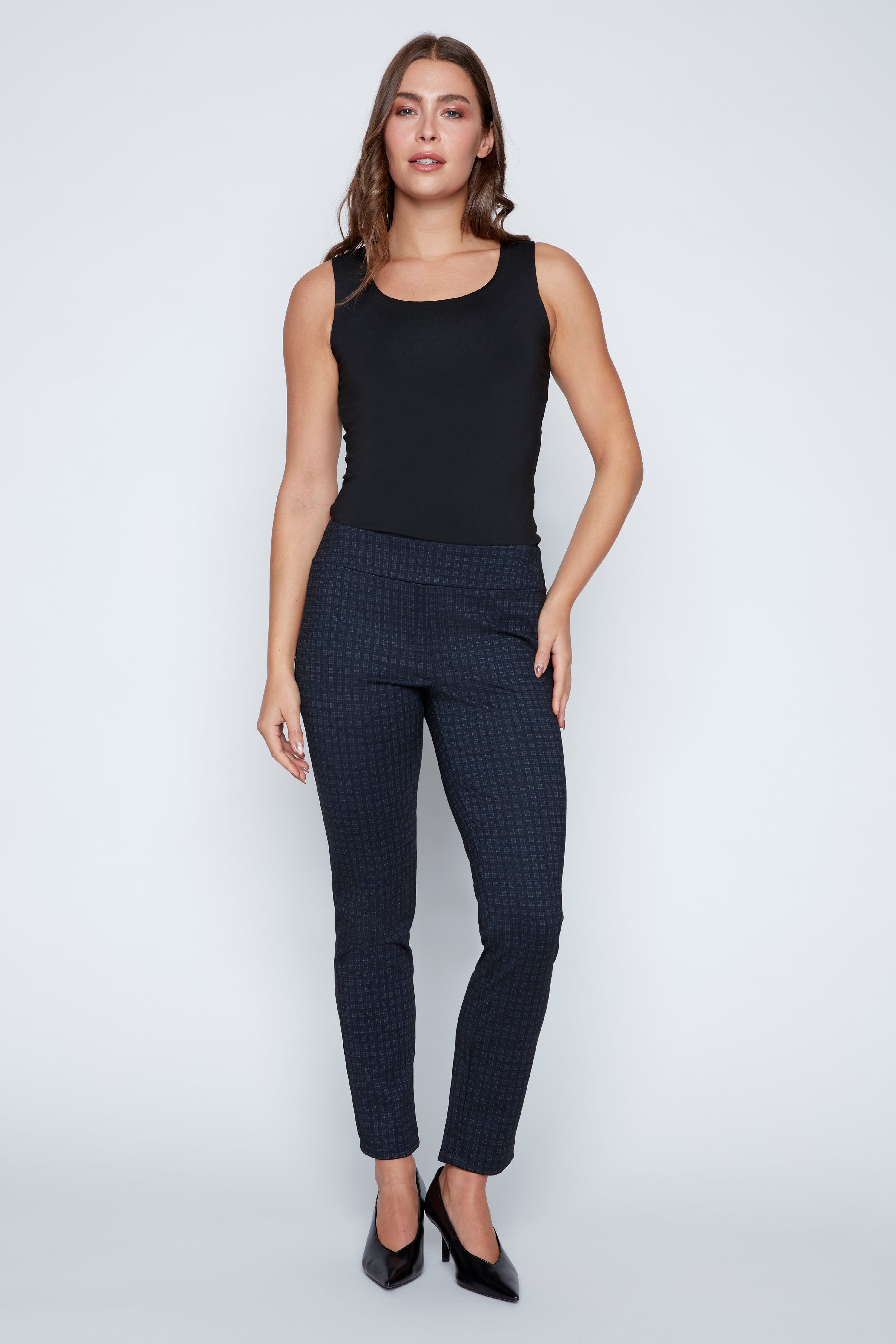 Slim leg check print pant