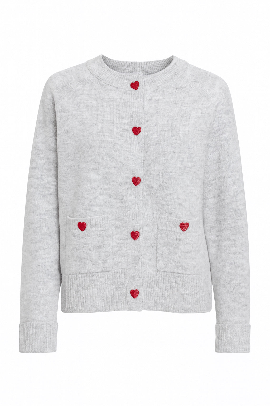 Le cardigan avec boutons à cœurs rouges