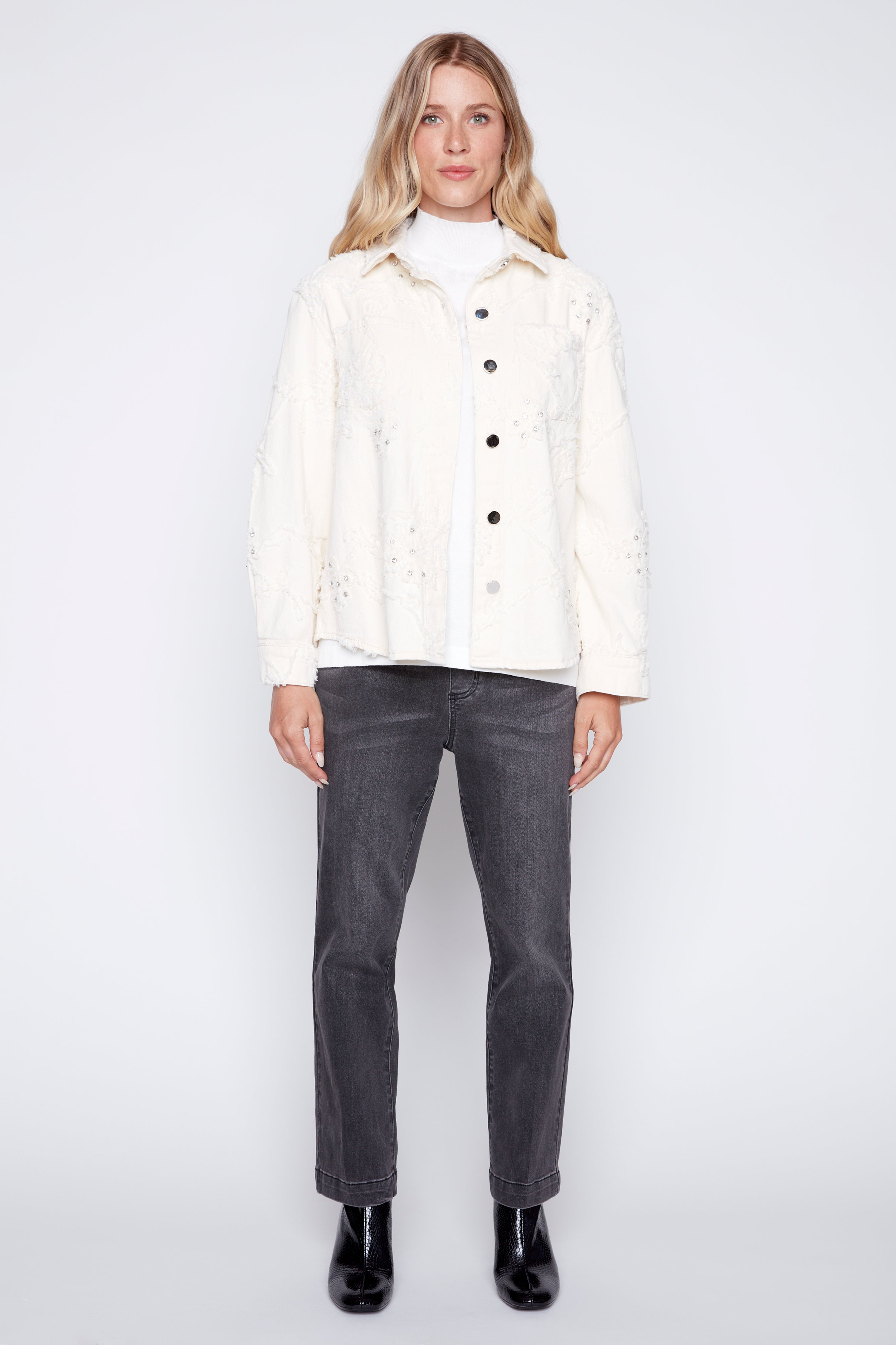 Floral applique cotton shacket