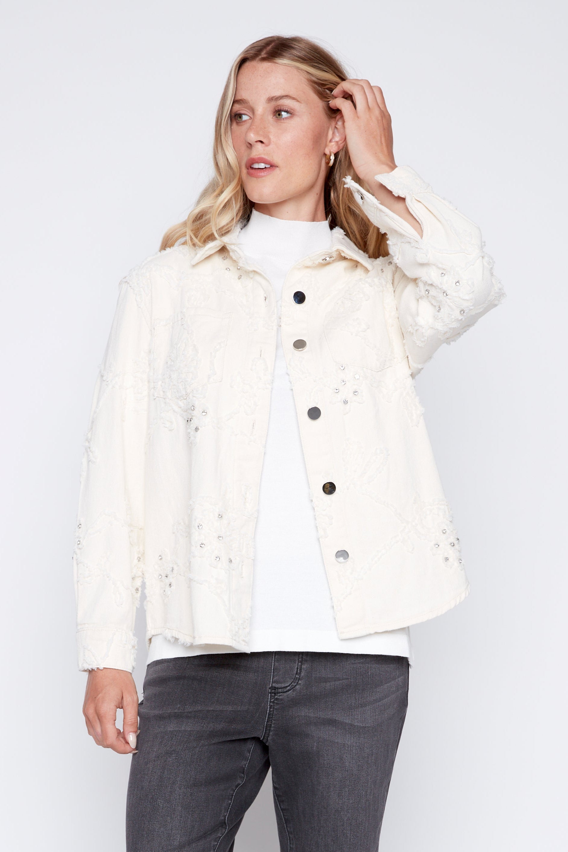 Floral applique cotton shacket