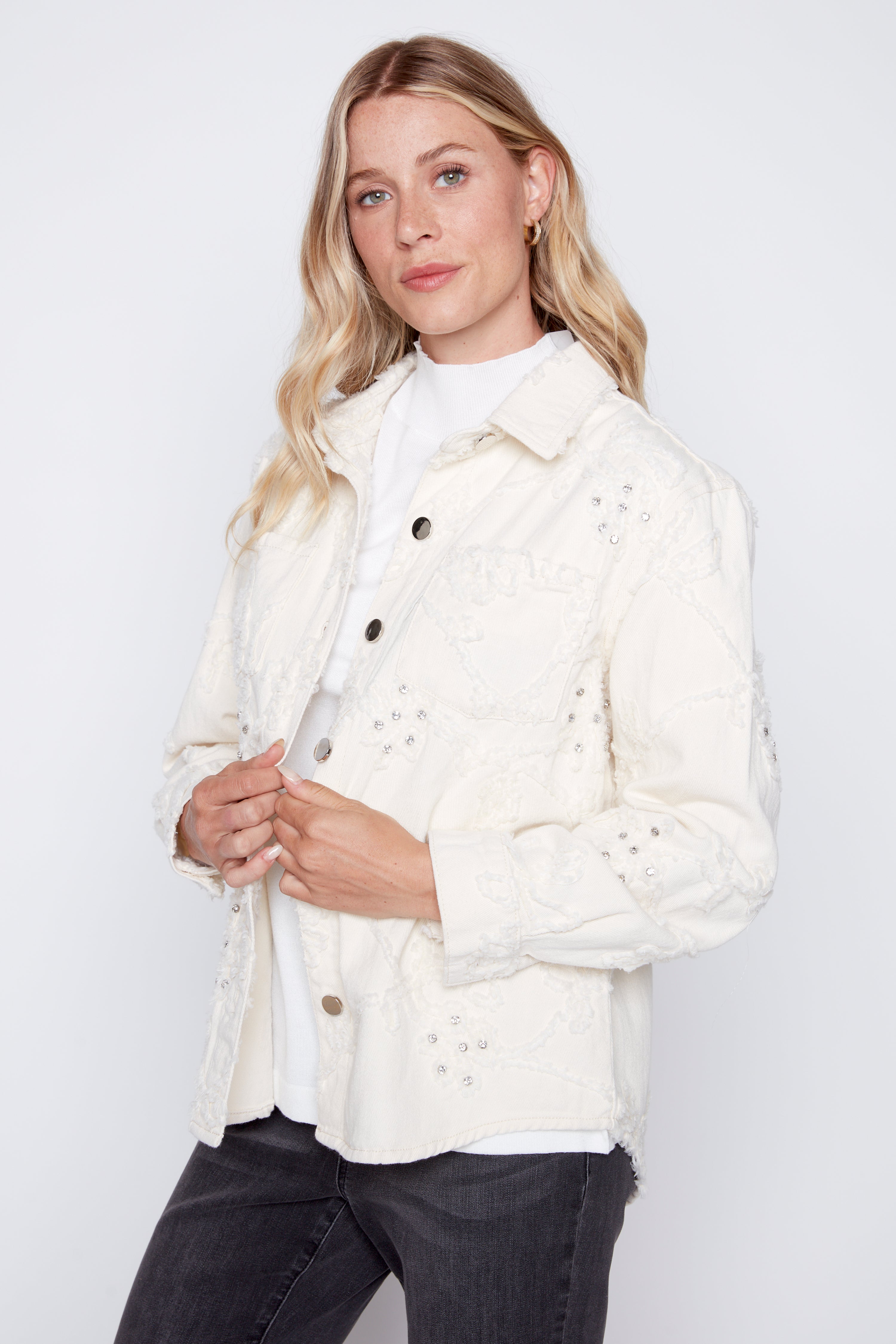 Floral applique cotton shacket