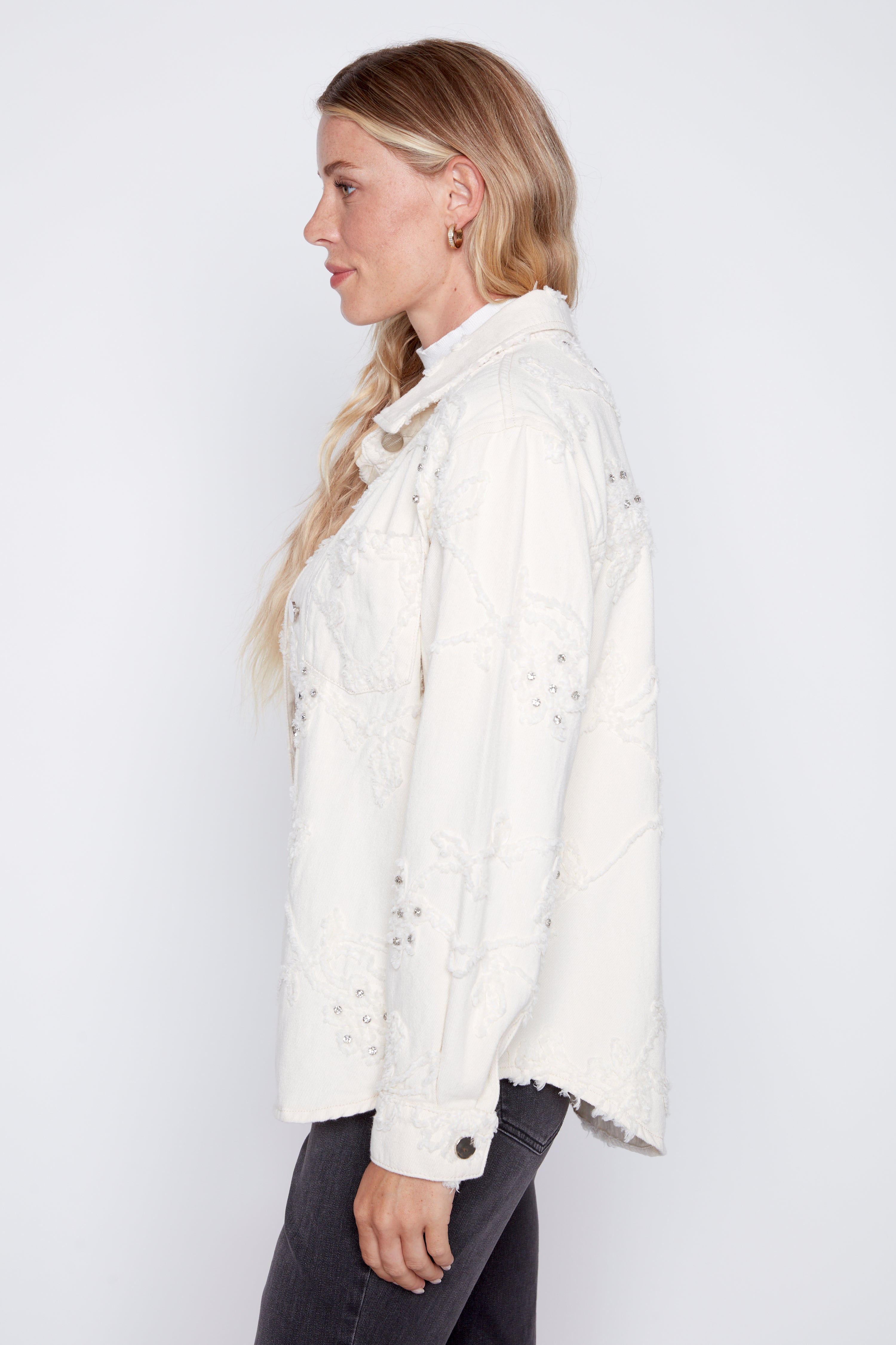 Floral applique cotton shacket