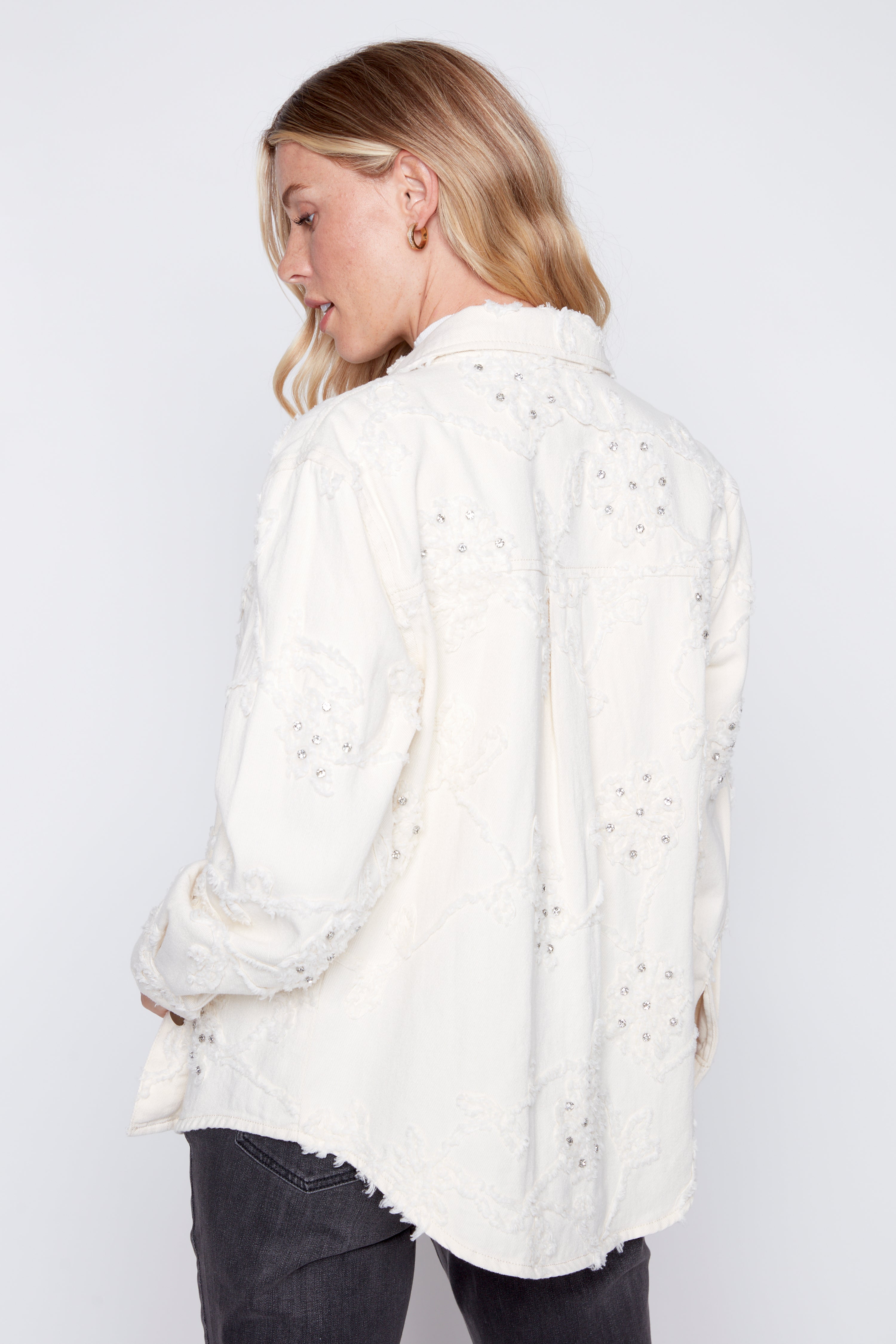 Floral applique cotton shacket