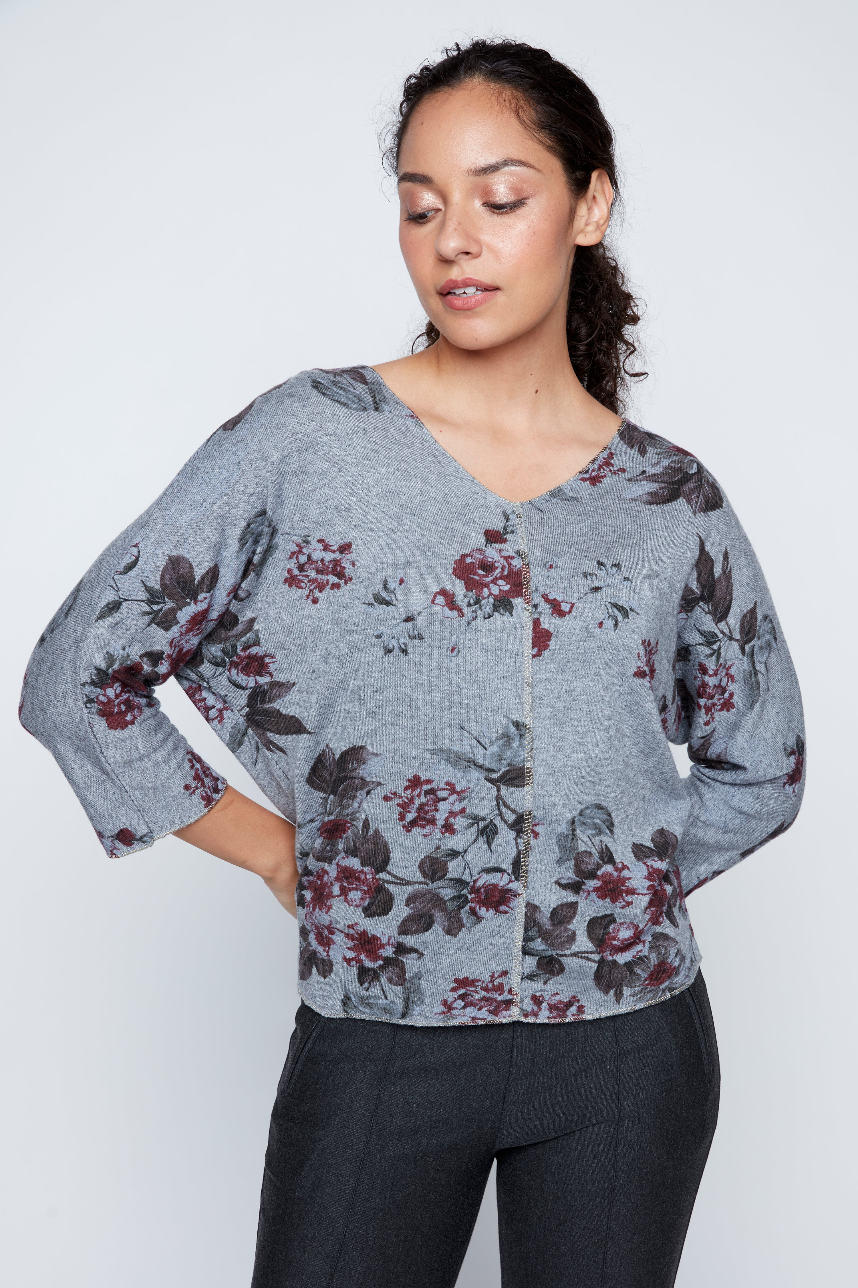 Floral print top with lurex stitch