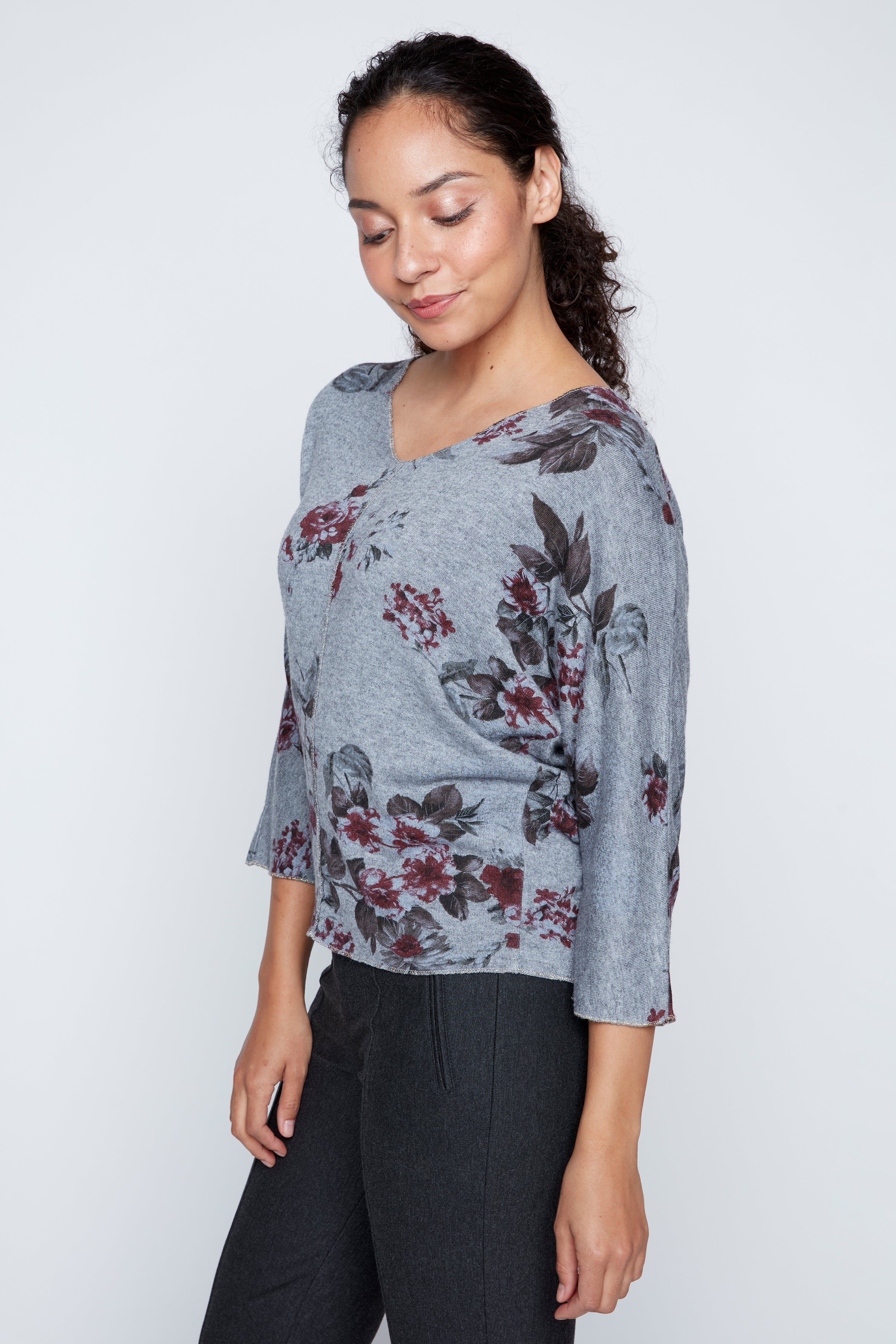 Floral print top with lurex stitch