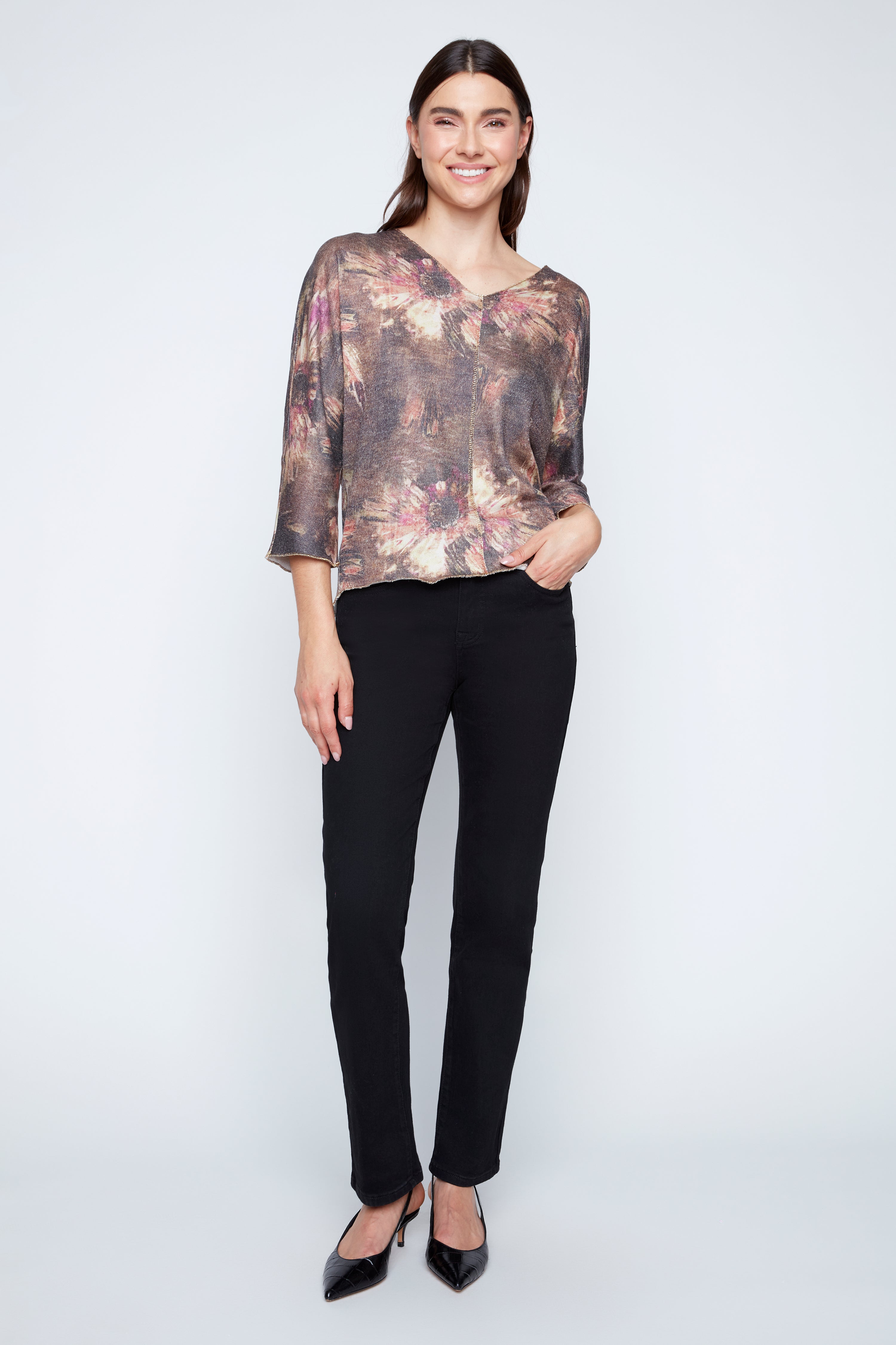 Floral print top with lurex stitch