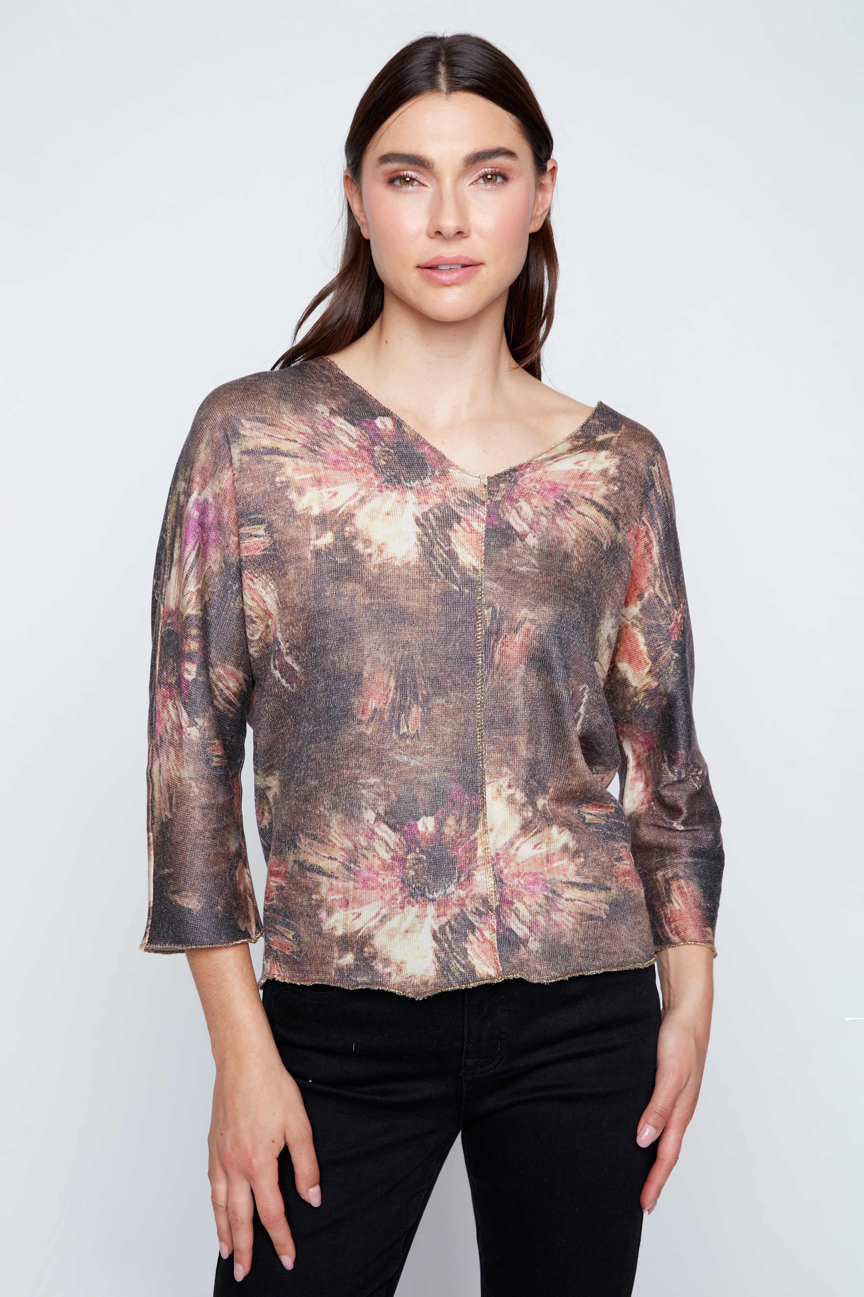 Floral print top with lurex stitch
