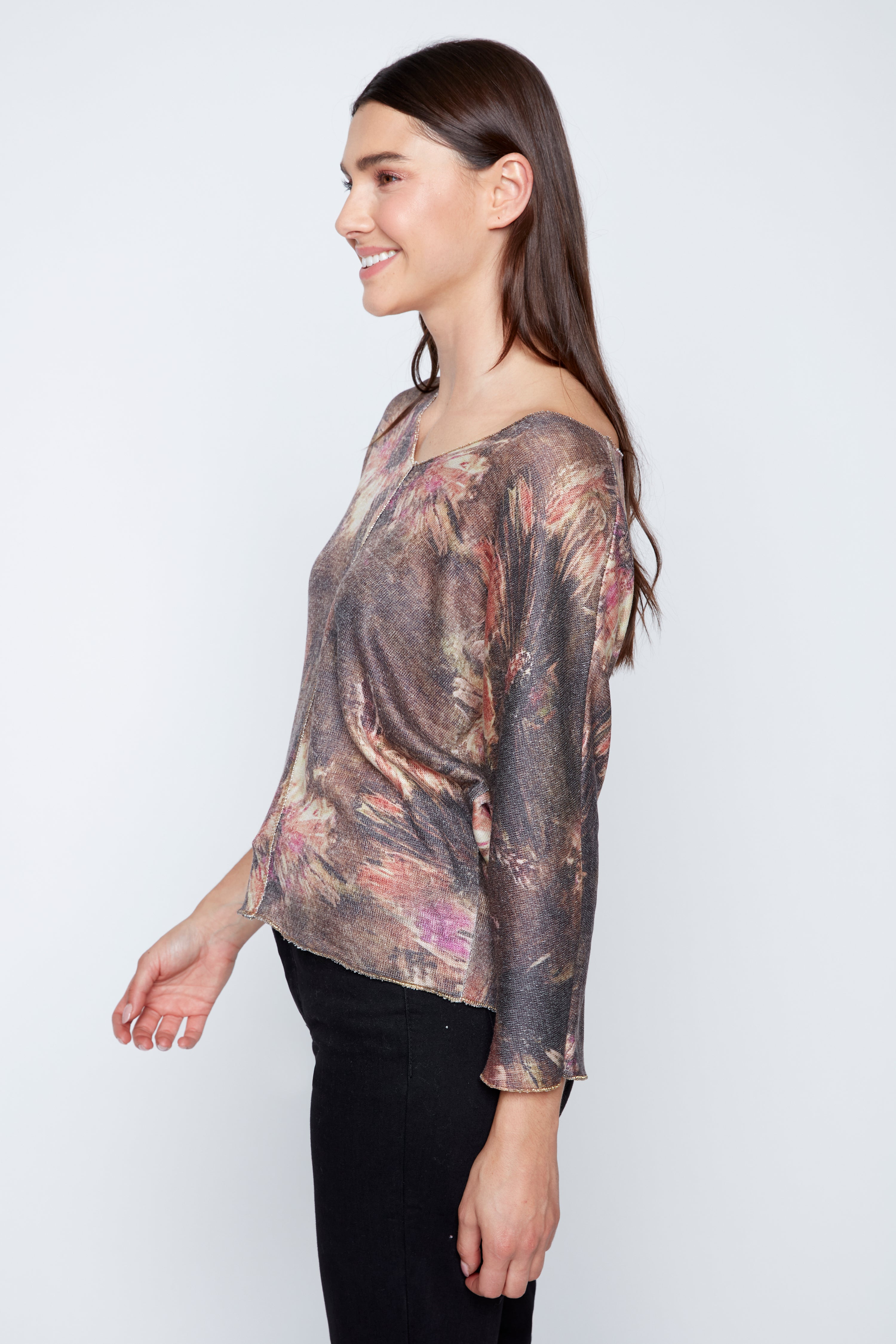 Floral print top with lurex stitch