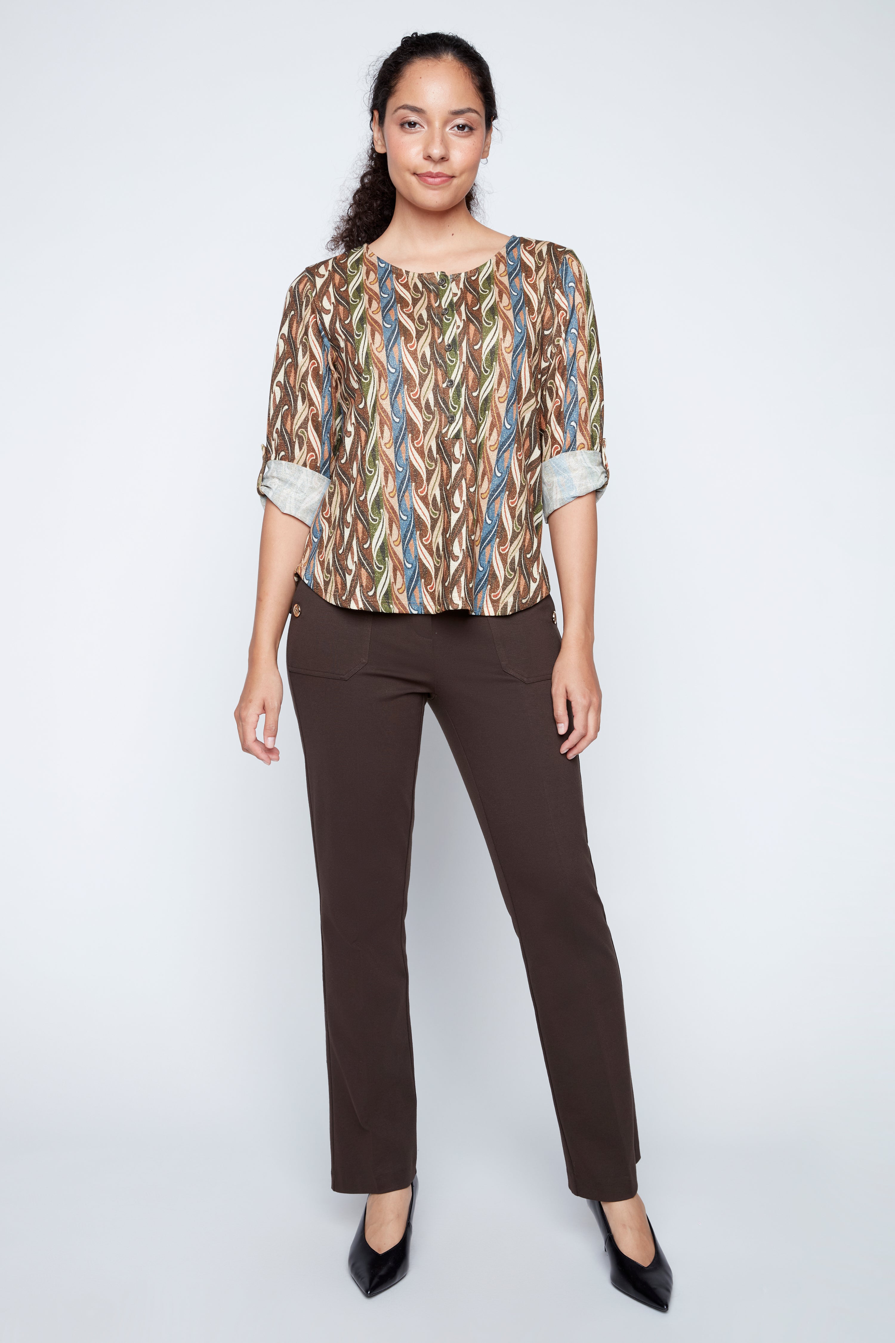 Abstract print henley lurex top