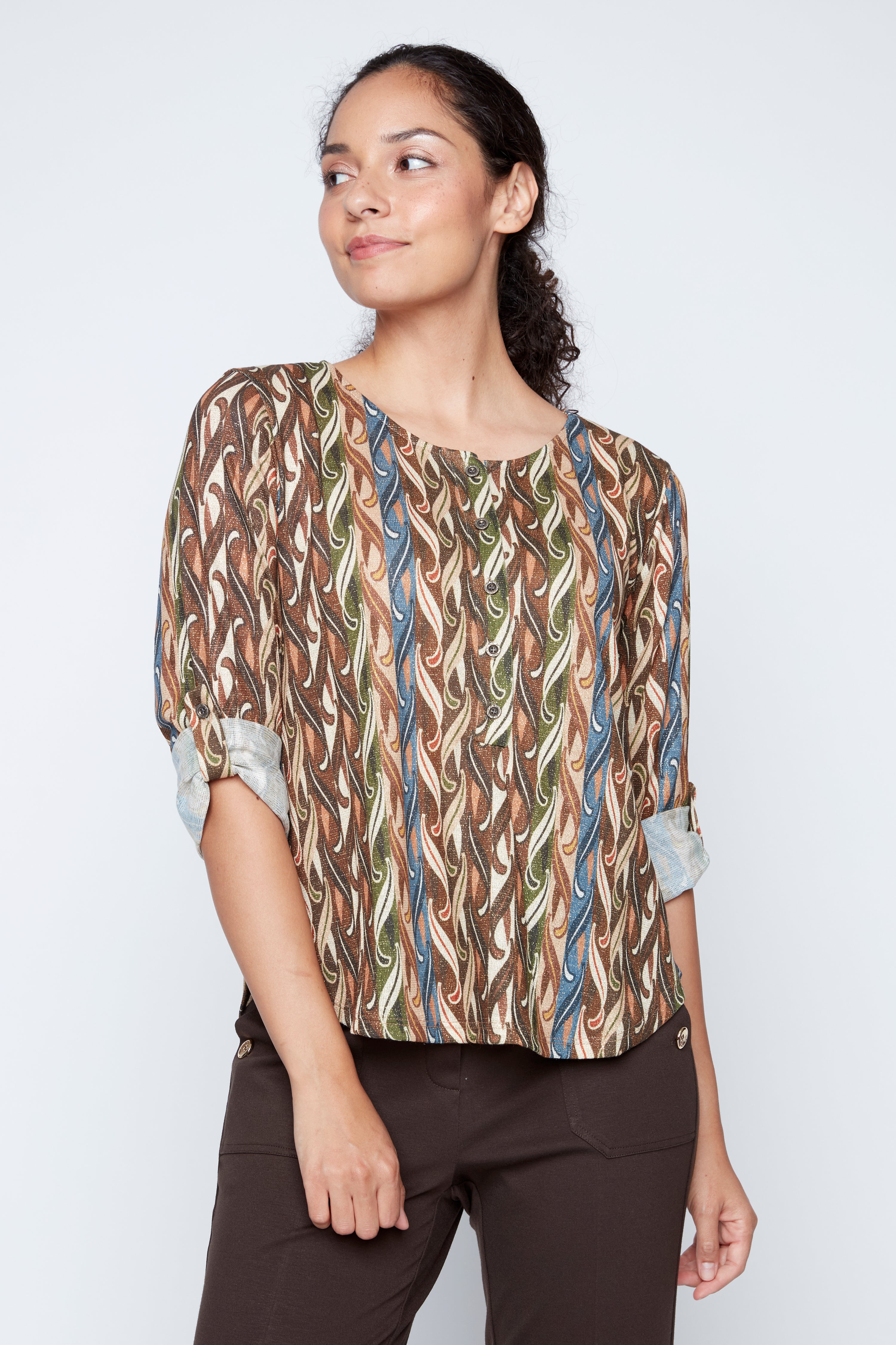 Abstract print henley lurex top