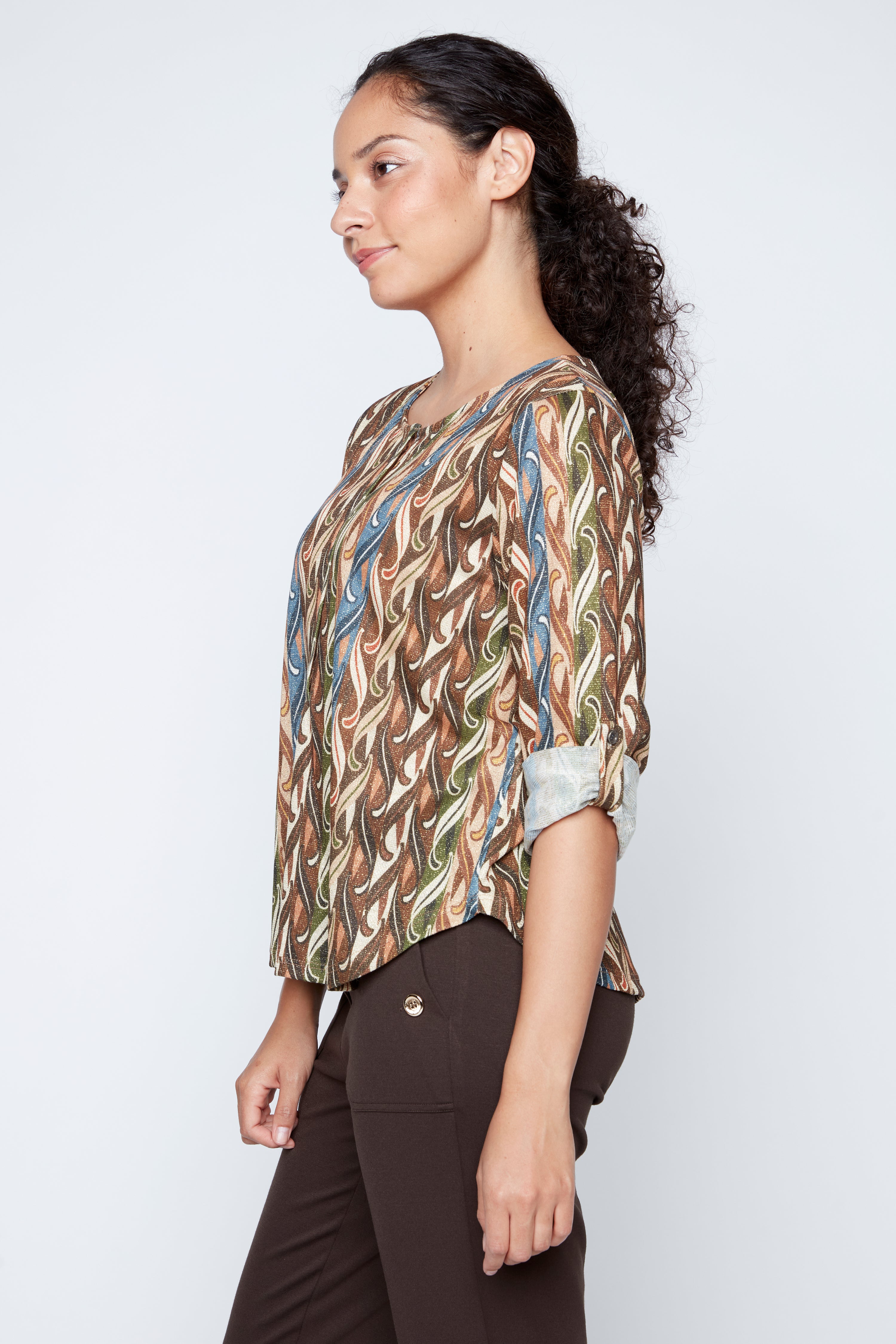 Abstract print henley lurex top