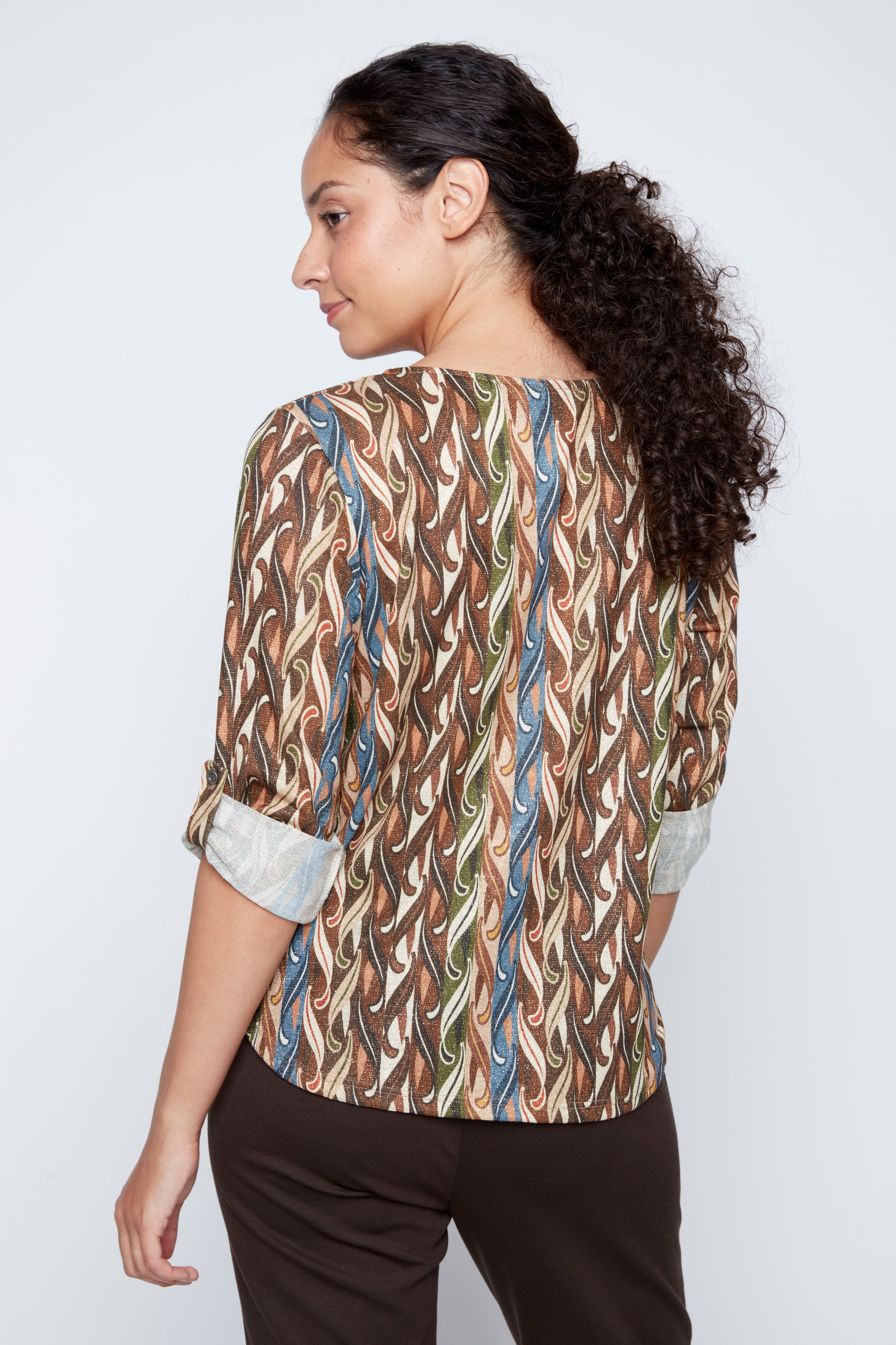 Abstract print henley lurex top