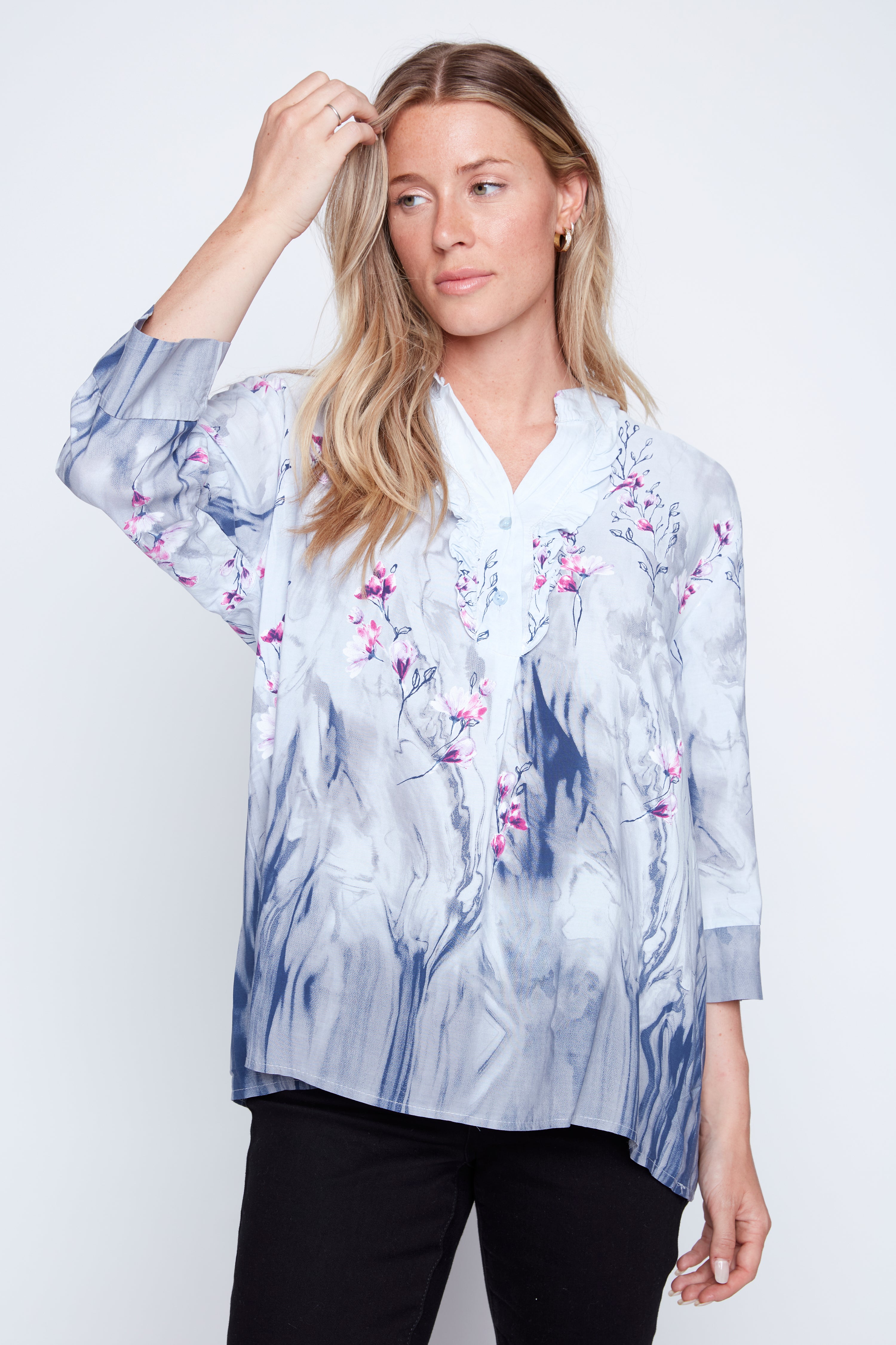 Printed Henley ruffle blouse