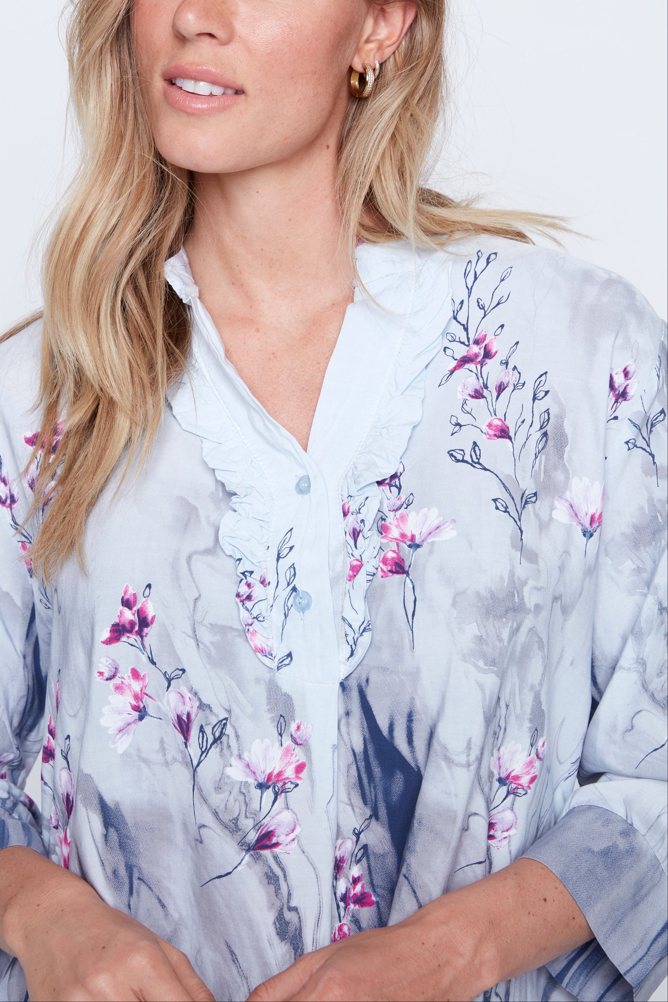 Printed Henley ruffle blouse