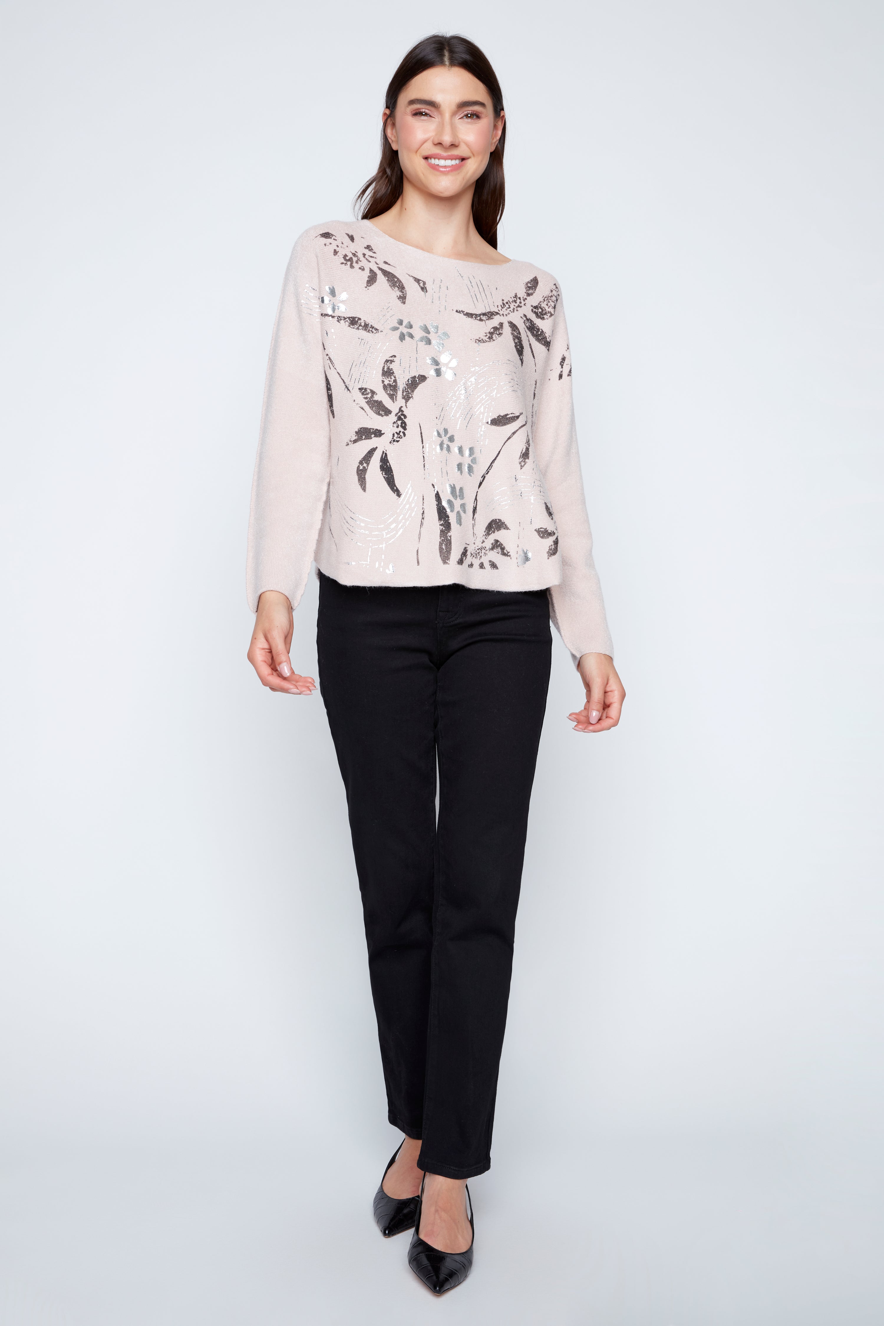 Foil leaves print sweater