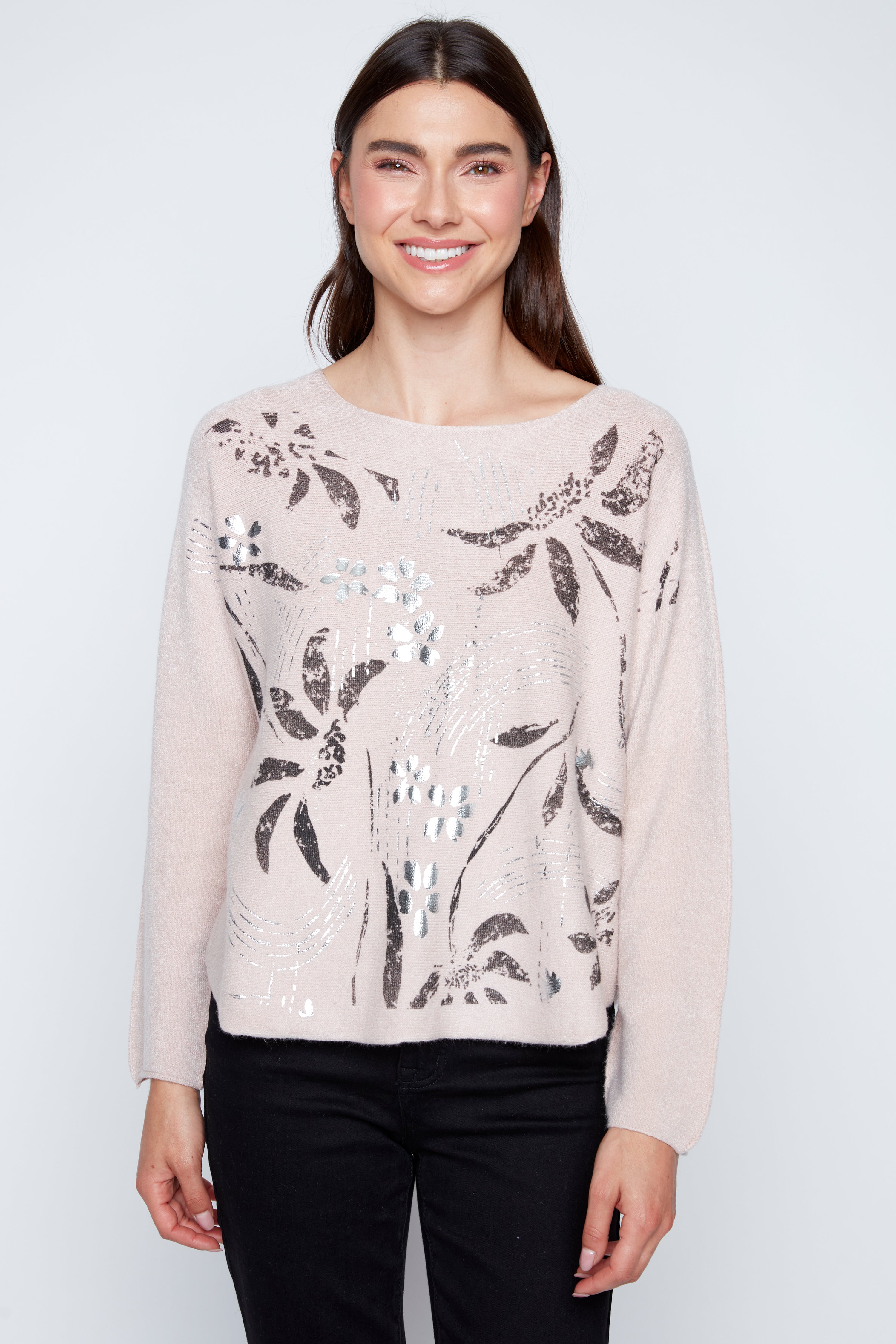 Foil leaves print sweater