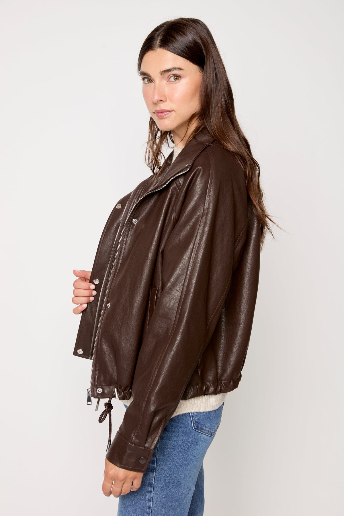 Tribal faux leather zip front jacket in brown - side view
