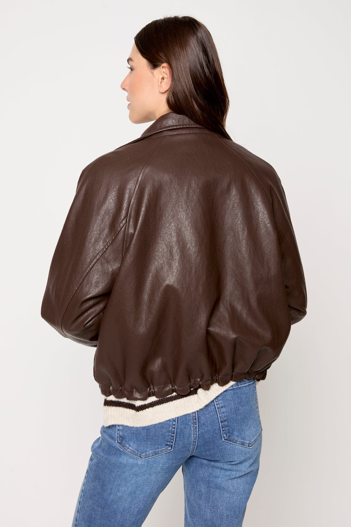 Tribal faux leather zip front jacket in brown - back view