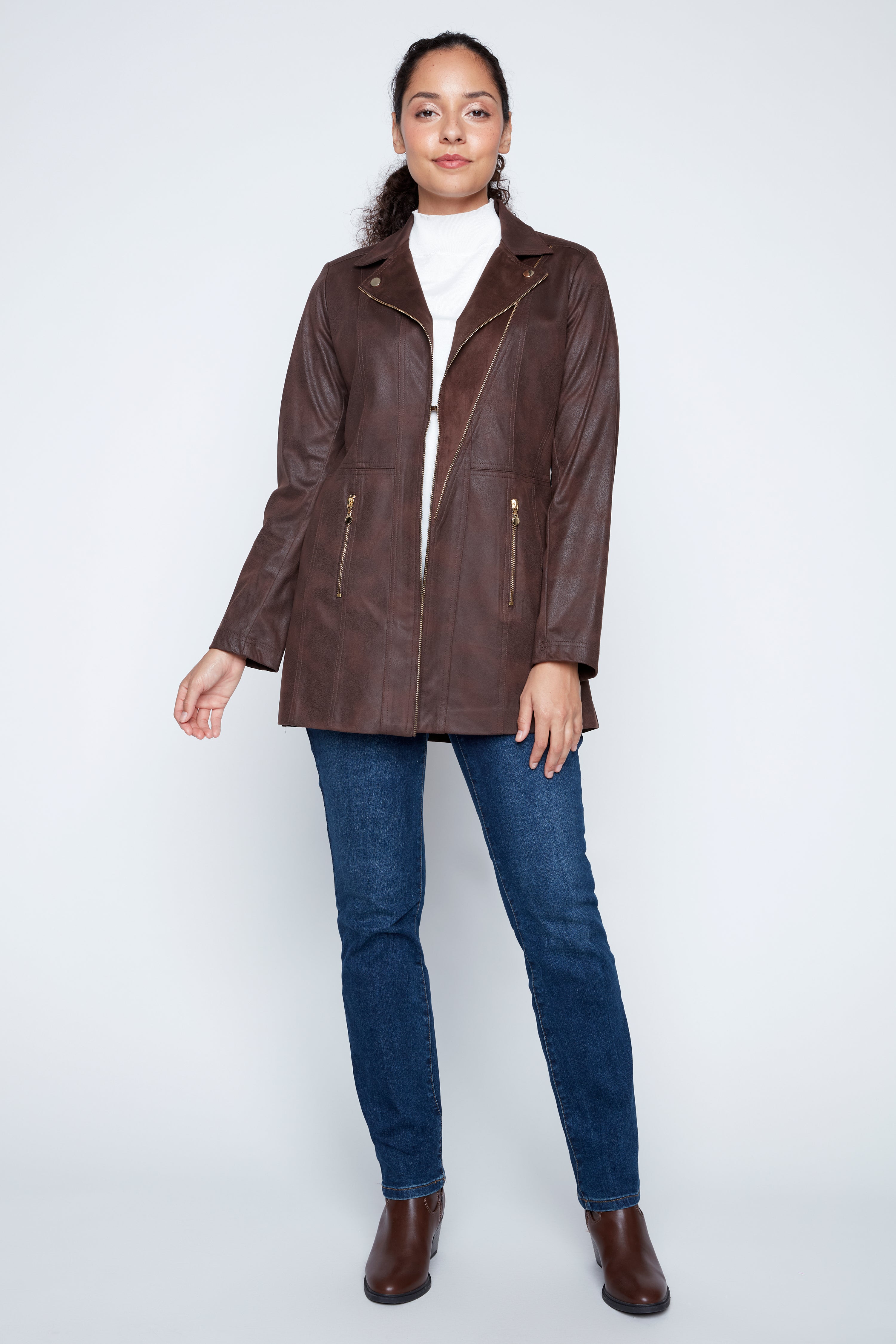 Long zipper detail pleather jacket