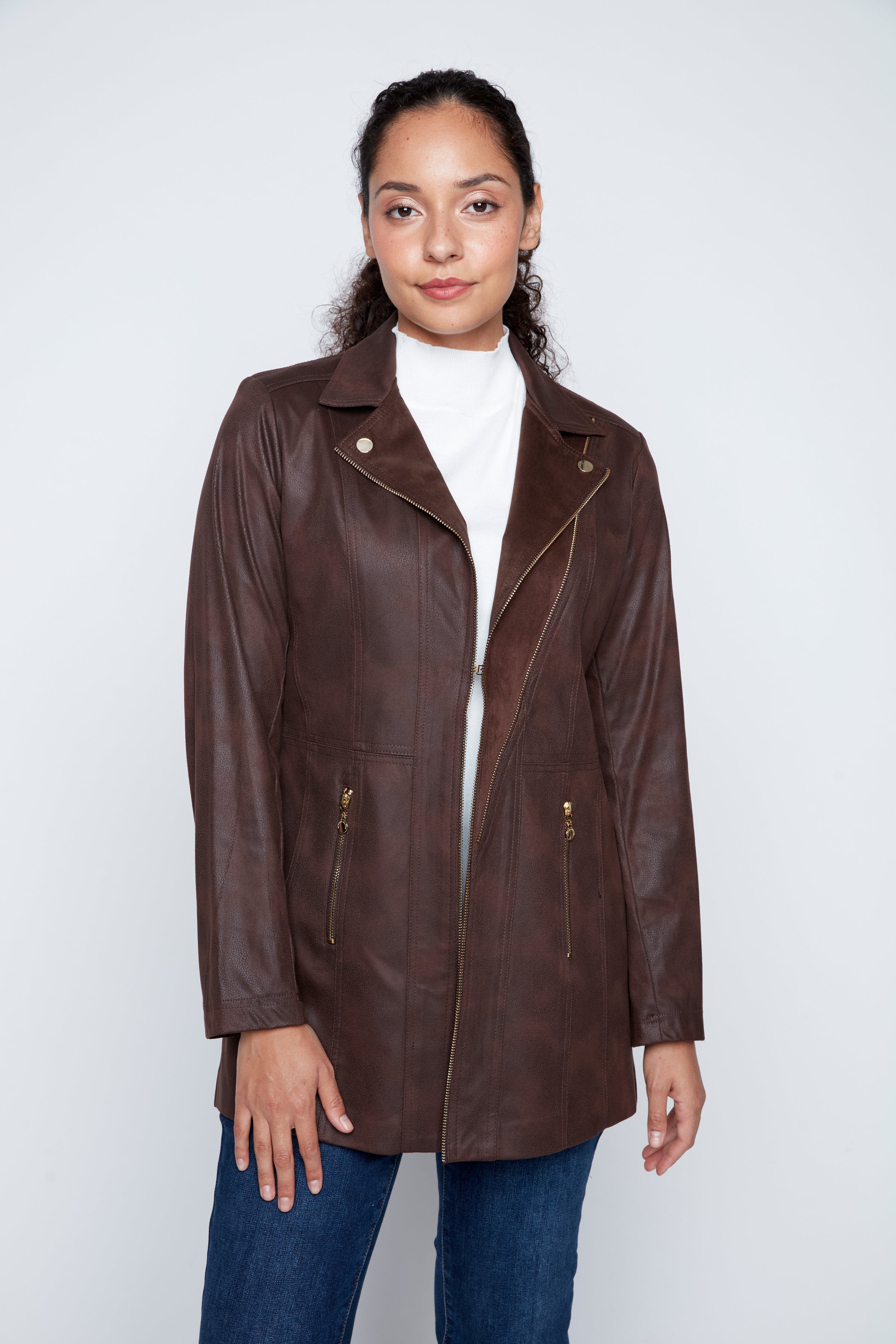 Long zipper detail pleather jacket