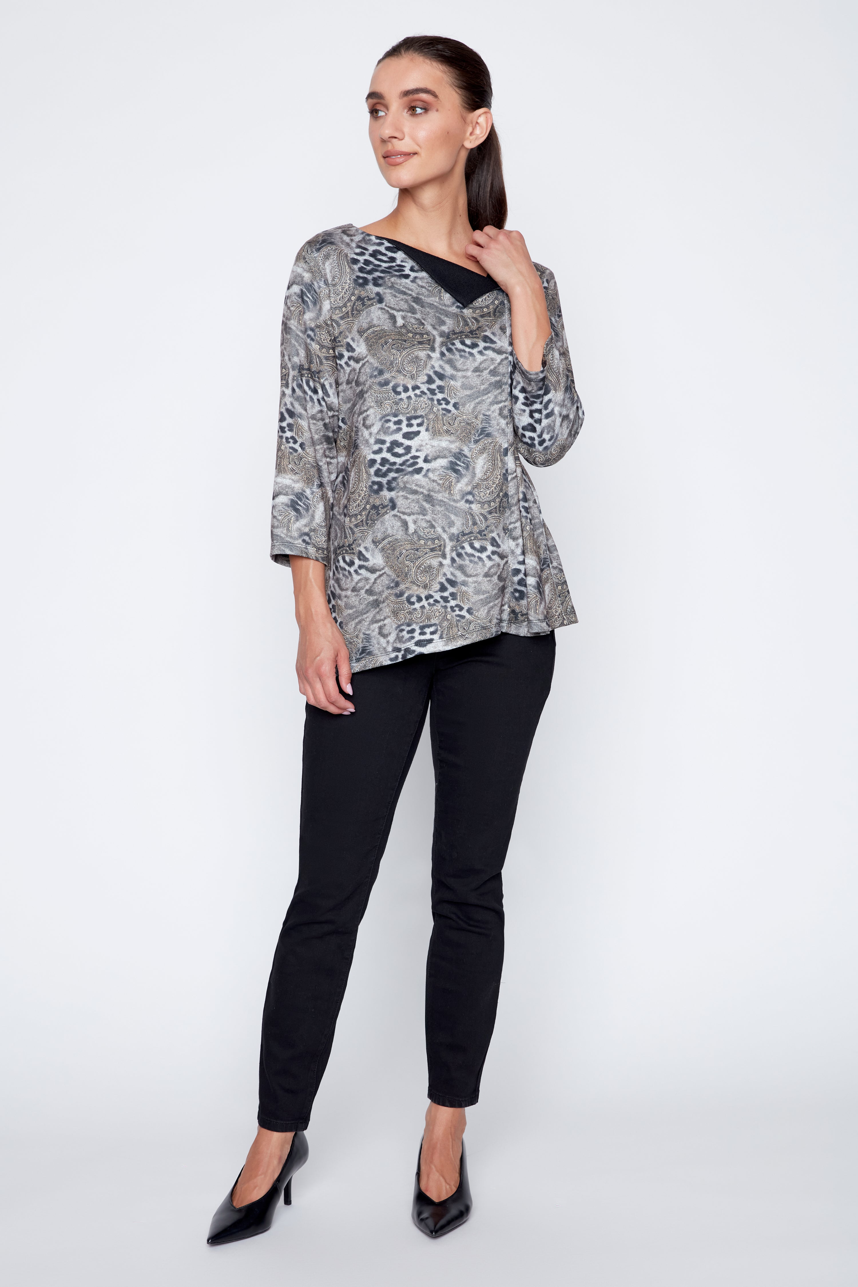 Asymmetric neck printed top