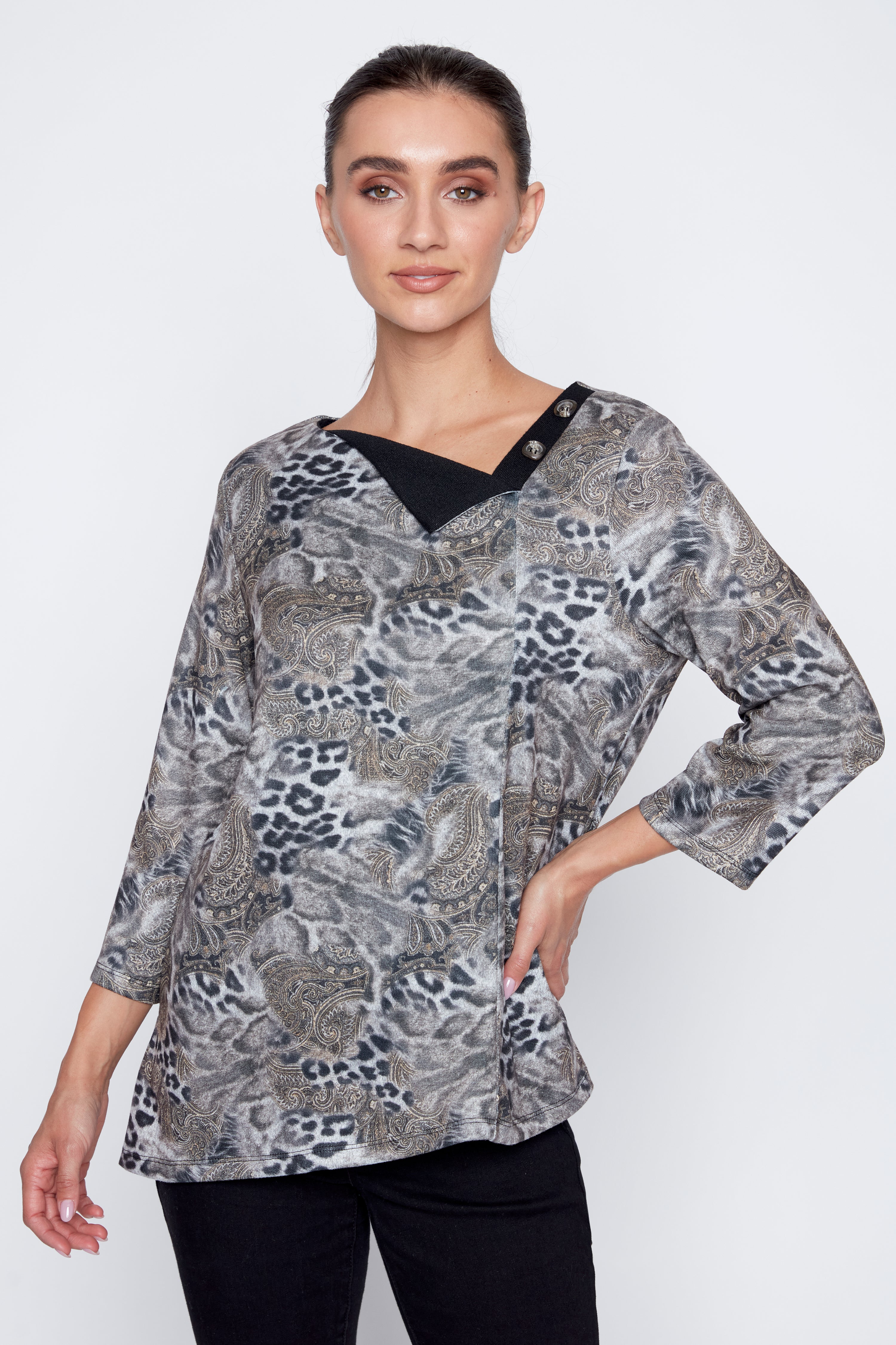 Asymmetric neck printed top
