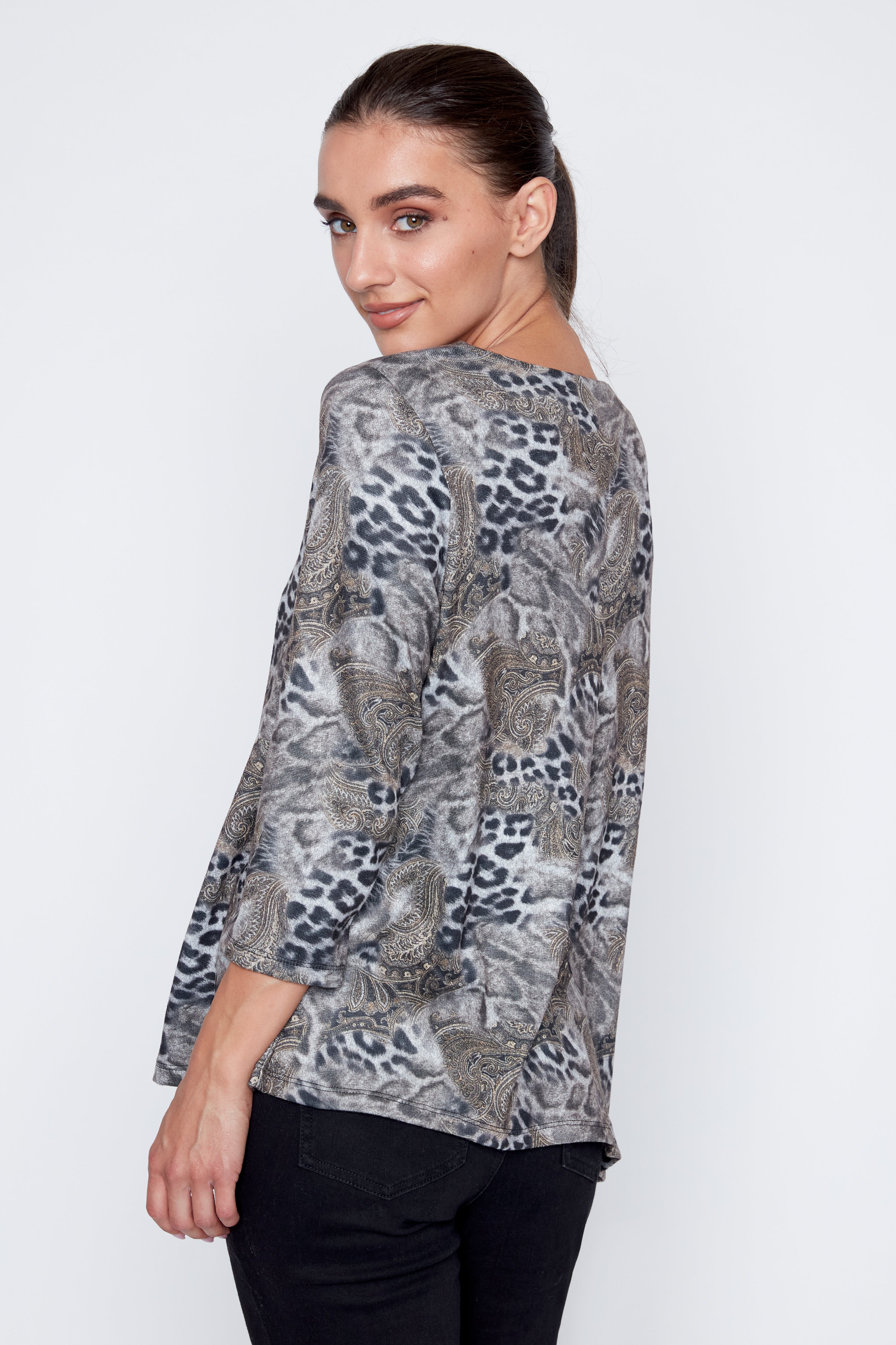 Asymmetric neck printed top