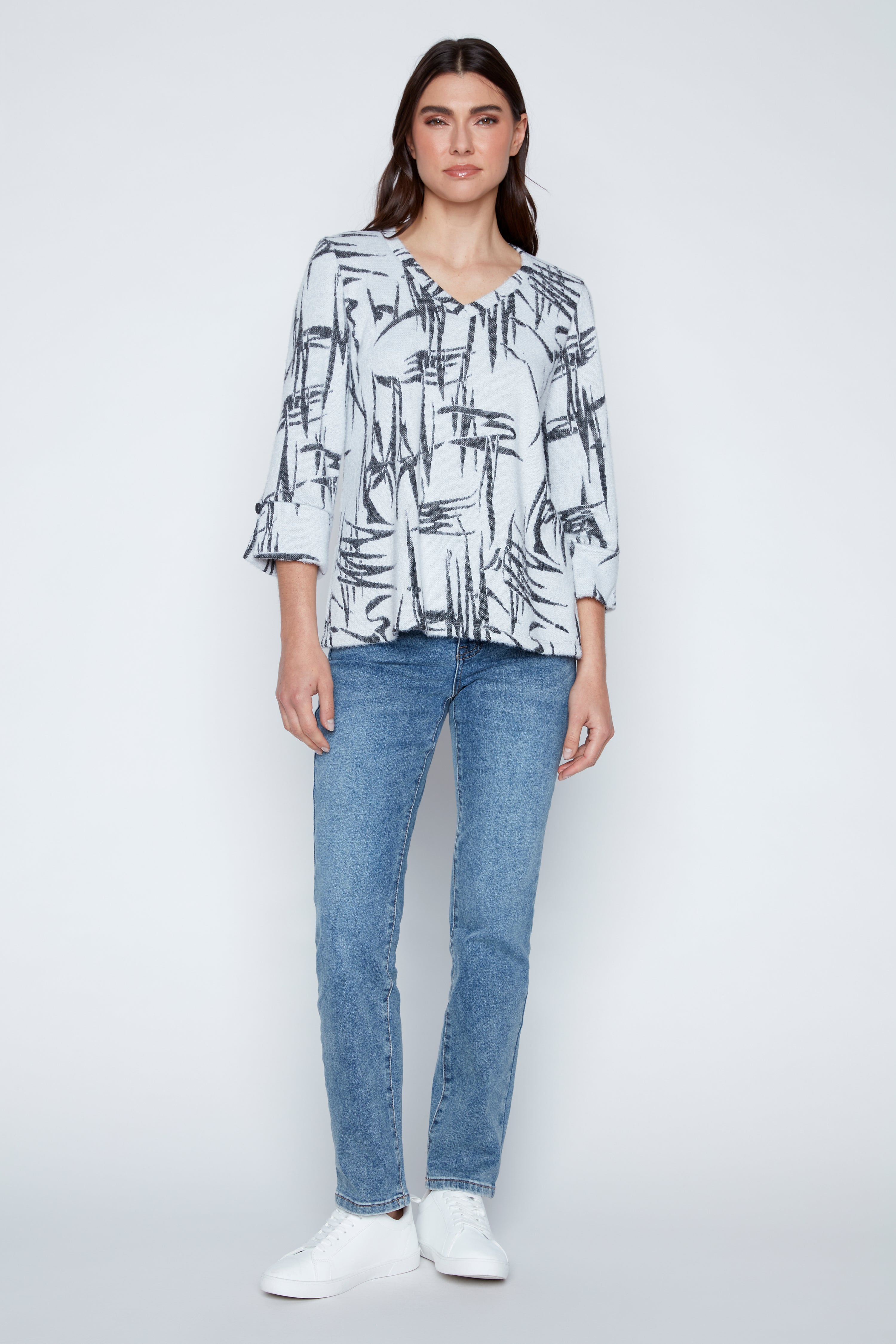 Printed fuzzy knit top