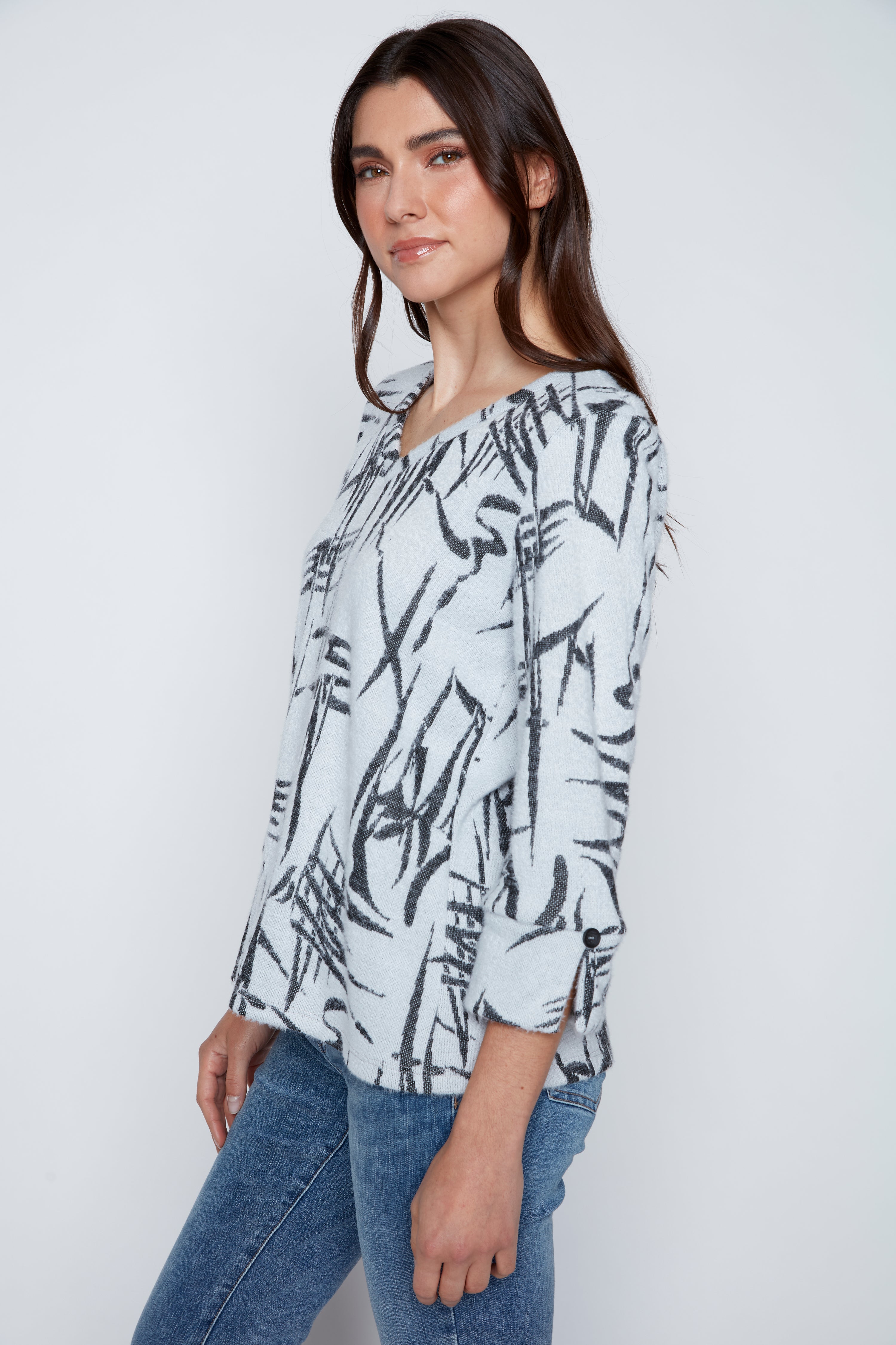 Printed fuzzy knit top