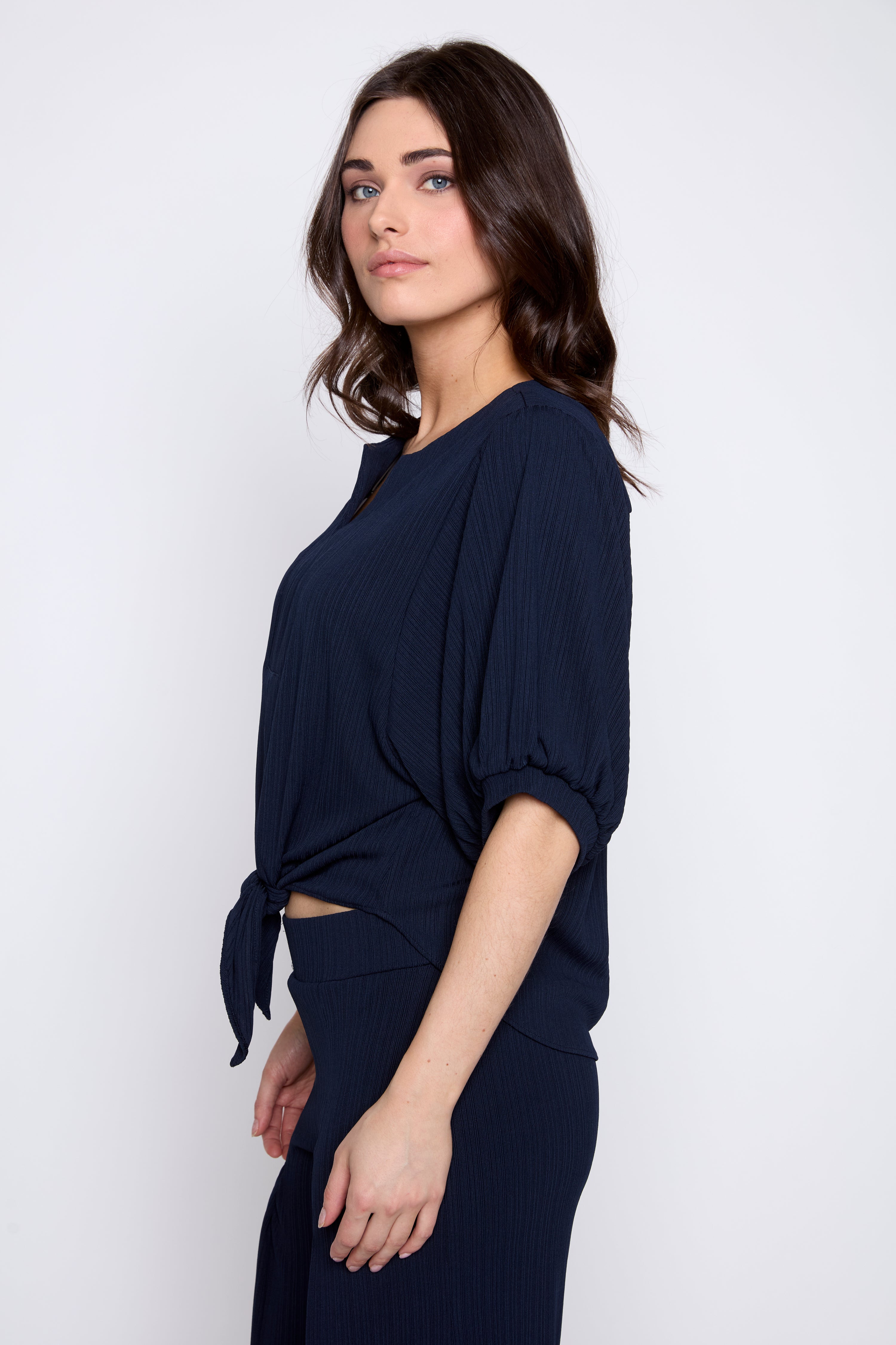 Tie front puff sleeve blouse