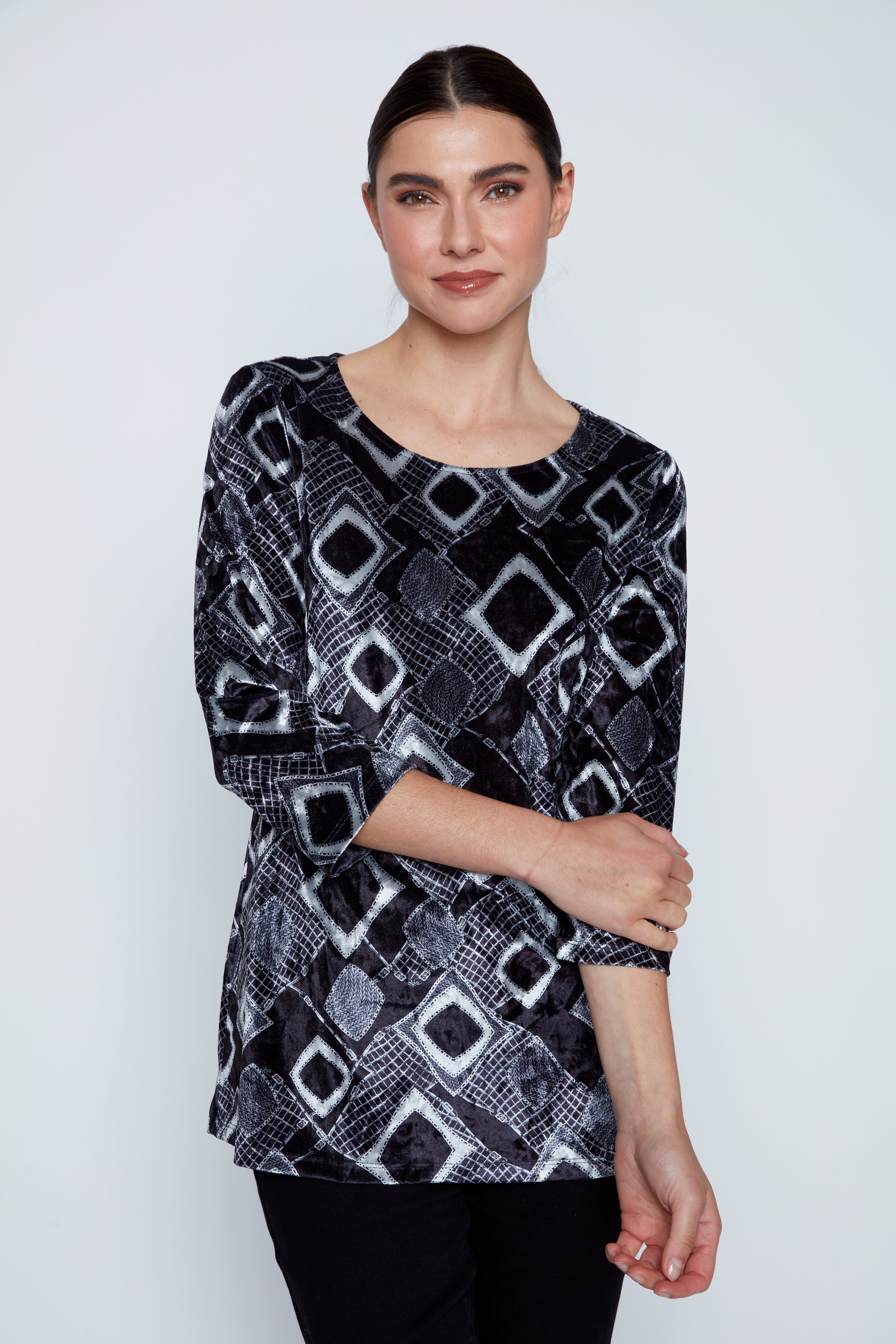 Geometric print velour top