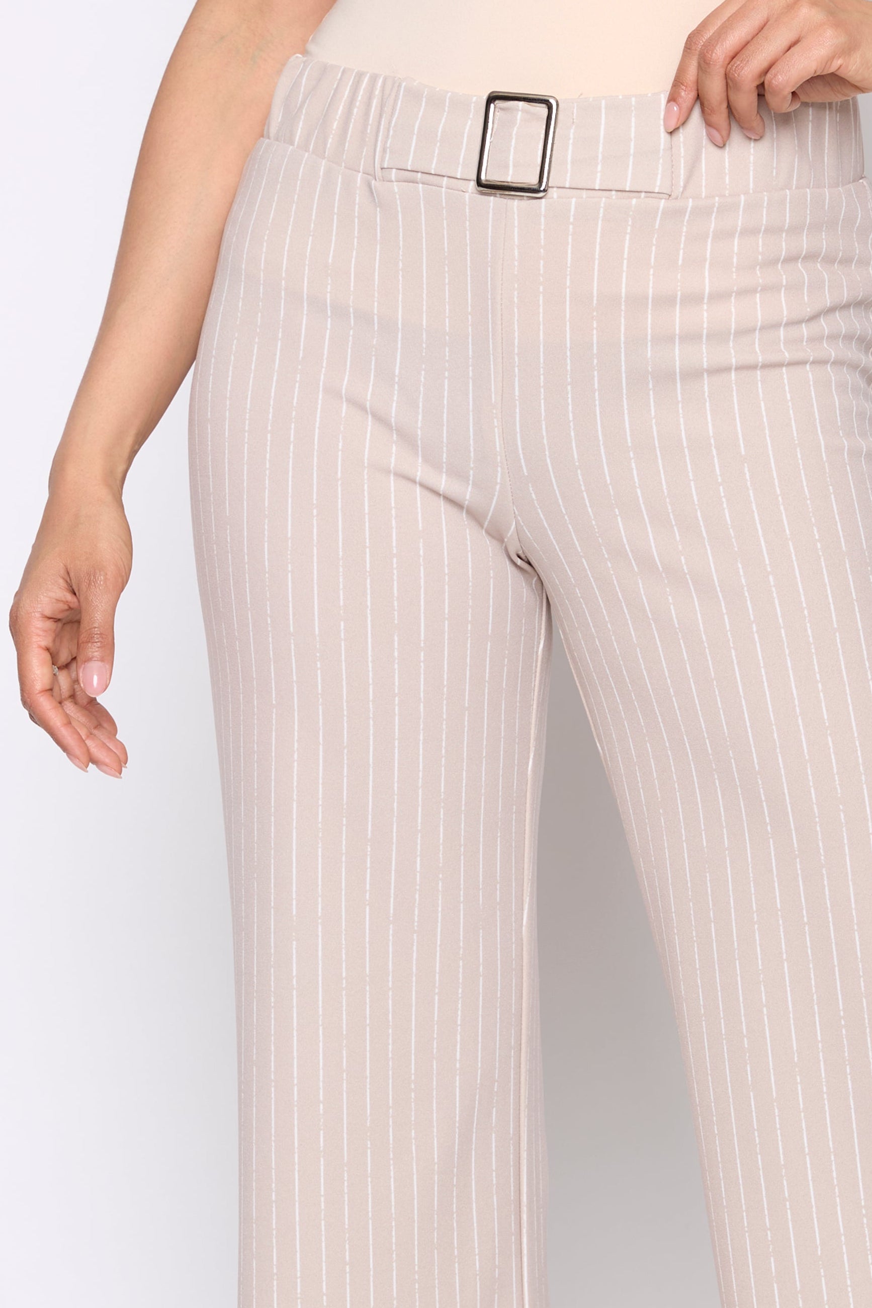 Straight leg stripe pant with buckle