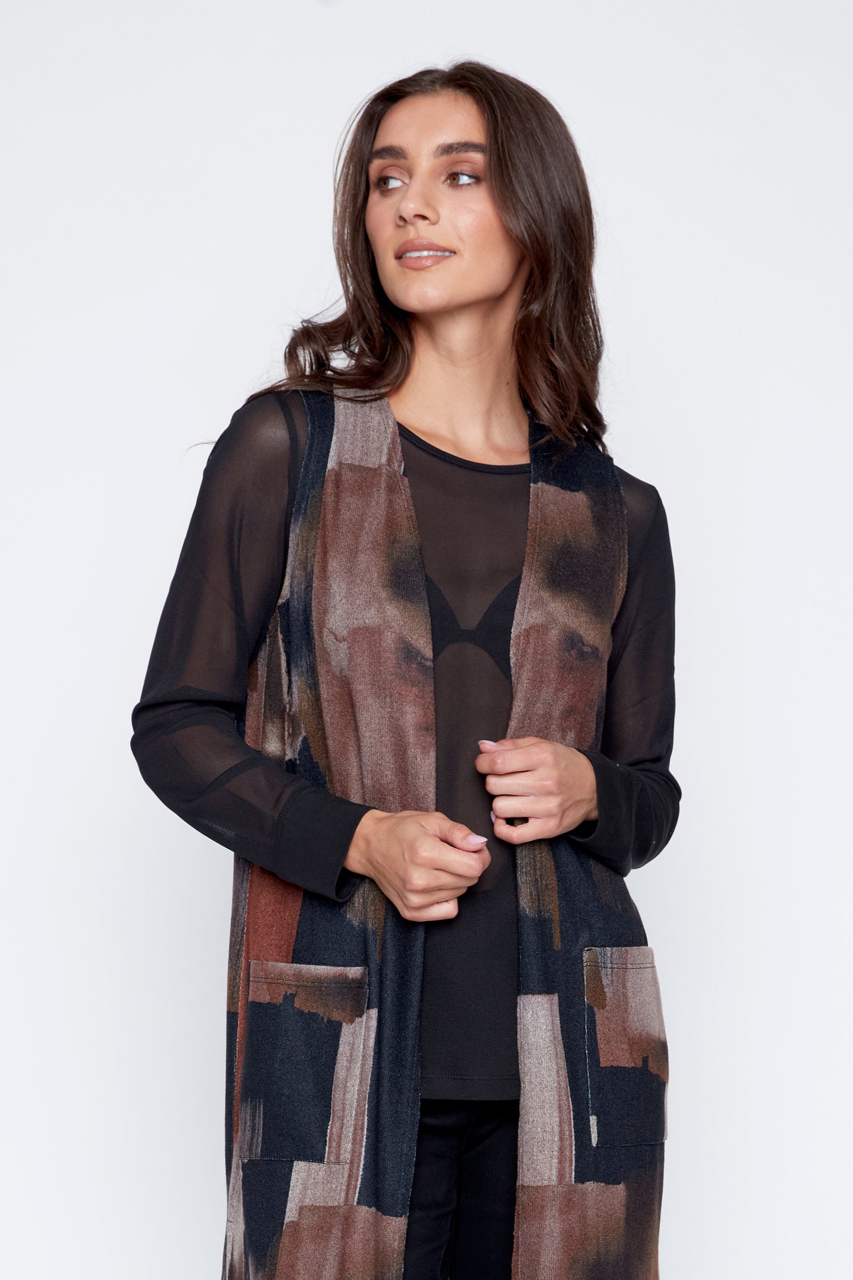 Long sweater vest with patch pockets