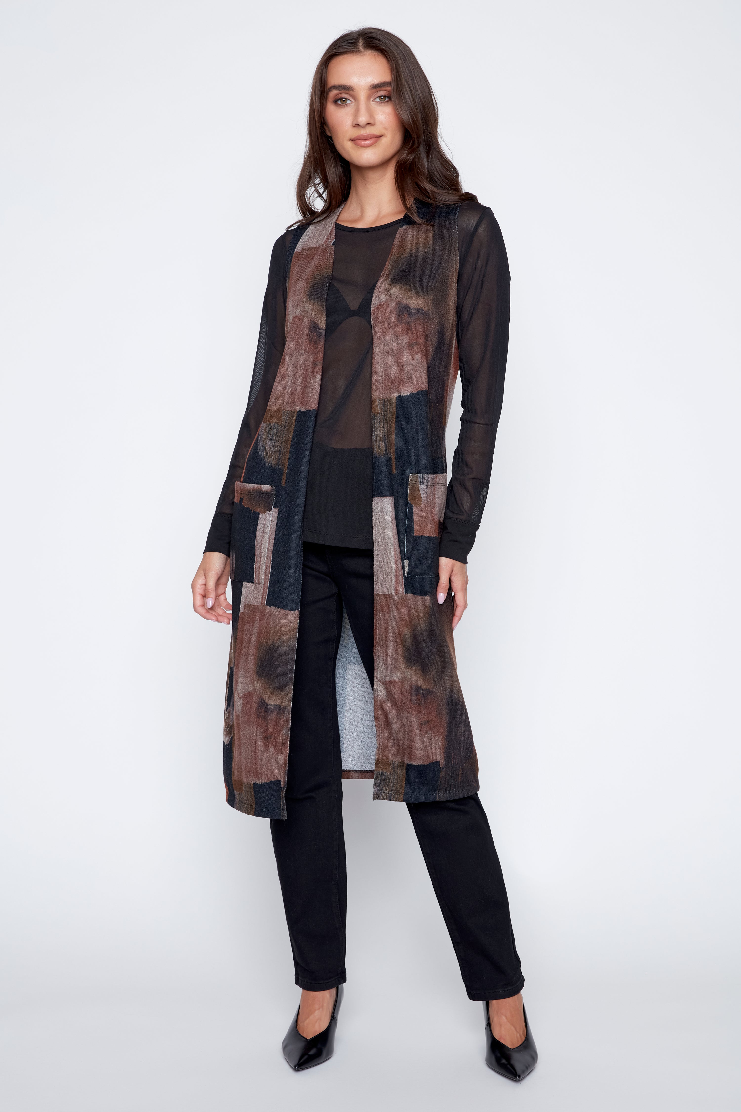 Long sweater vest with patch pockets