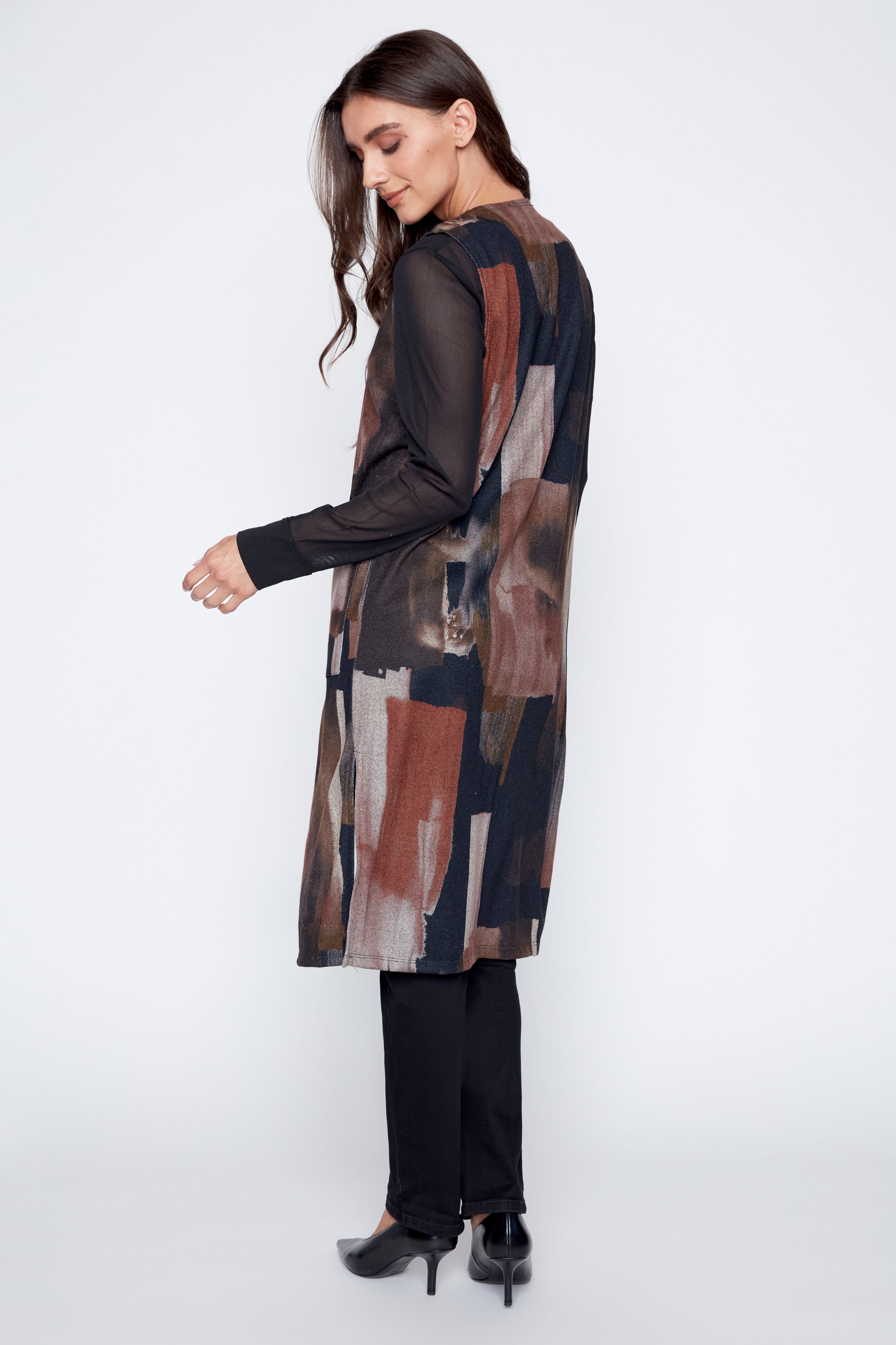 Long sweater vest with patch pockets